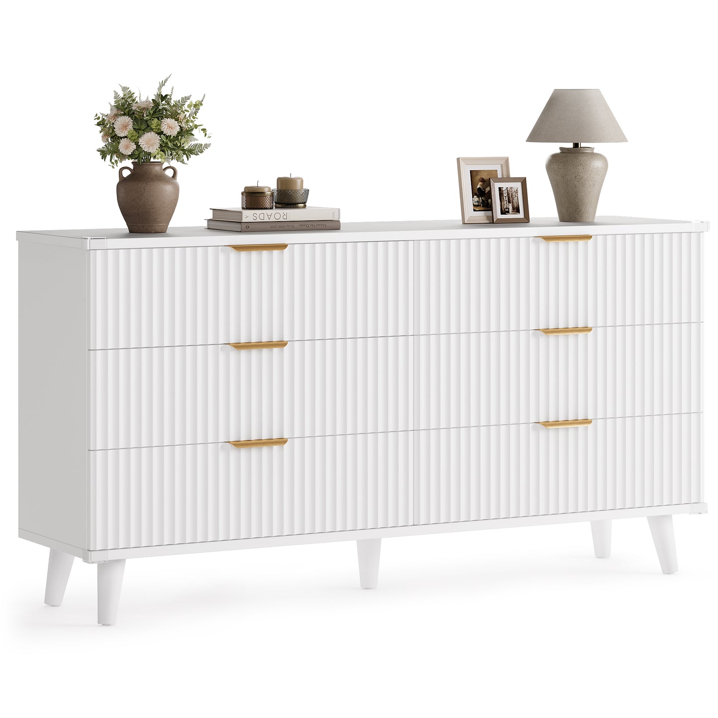 Laintene 6 Drawer Dresser for Bedroom – Solid Wood Fluted Storage Cabinet with Metal Handles, Modern Wave Design for Bedroom, Living Room & Entryway, White