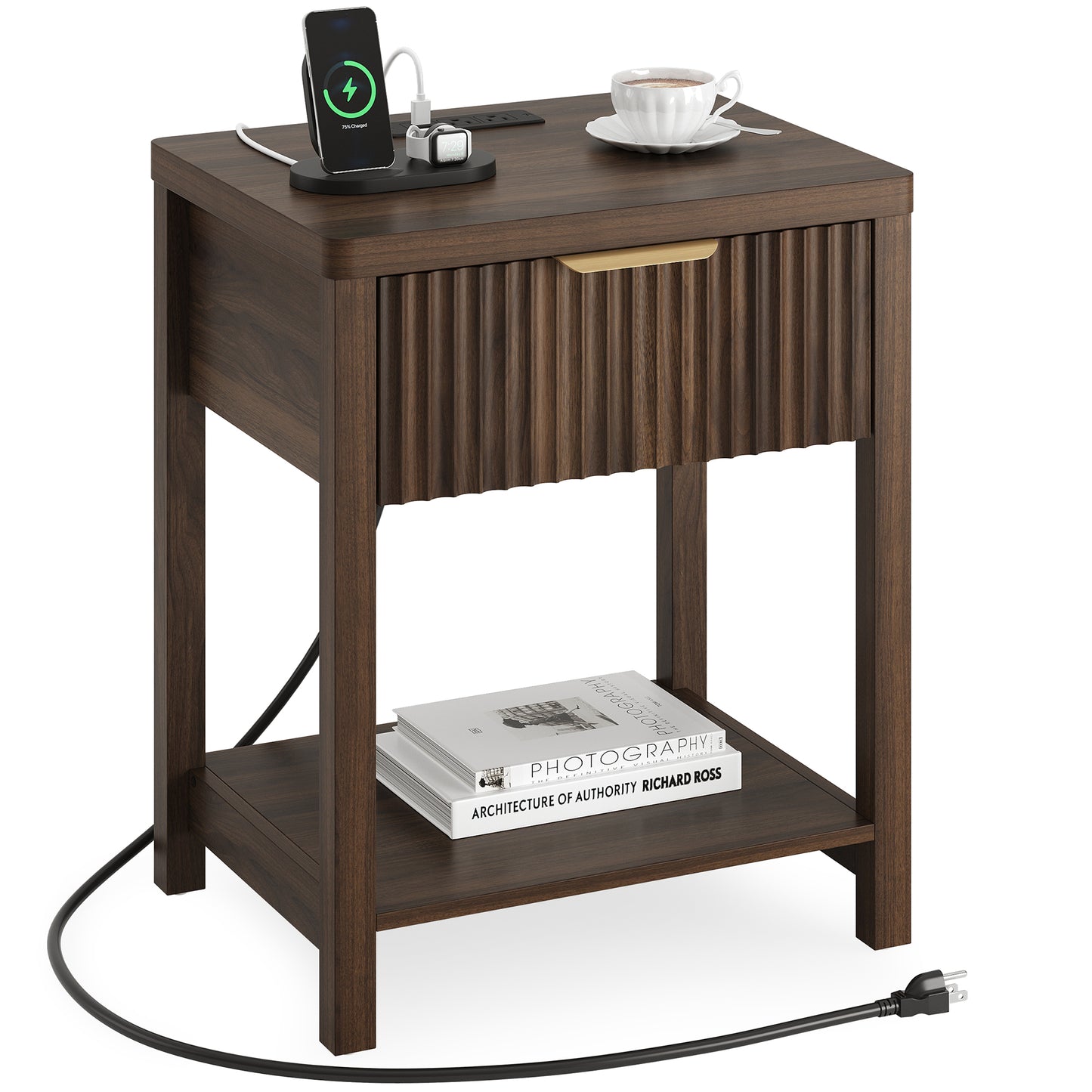 Laintene Fluted Nightstand with Charging Station - Modern Bedside Table with Drawer & Open Shelf, 2 AC Outlets + USB &Type-C for Bedroom & Living Room, Walnut
