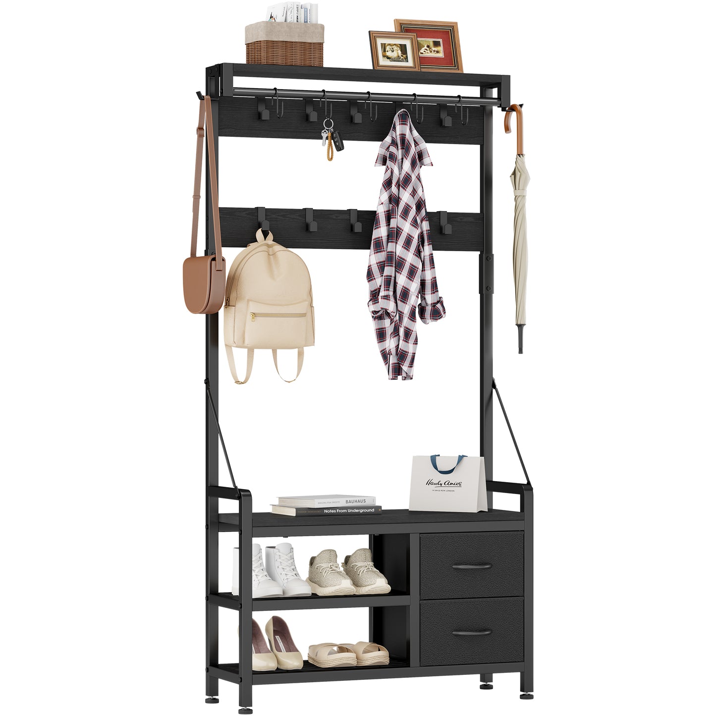 Laintene Hall Tree with Bench - 6-in-1 Industrial 31.5" Entryway Organizer, 17 Adjustable Hooks & 2 Drawers, Hanging Rod & Top Shelf, 300lb Weight Capacity for Hallway and Living Room, Black