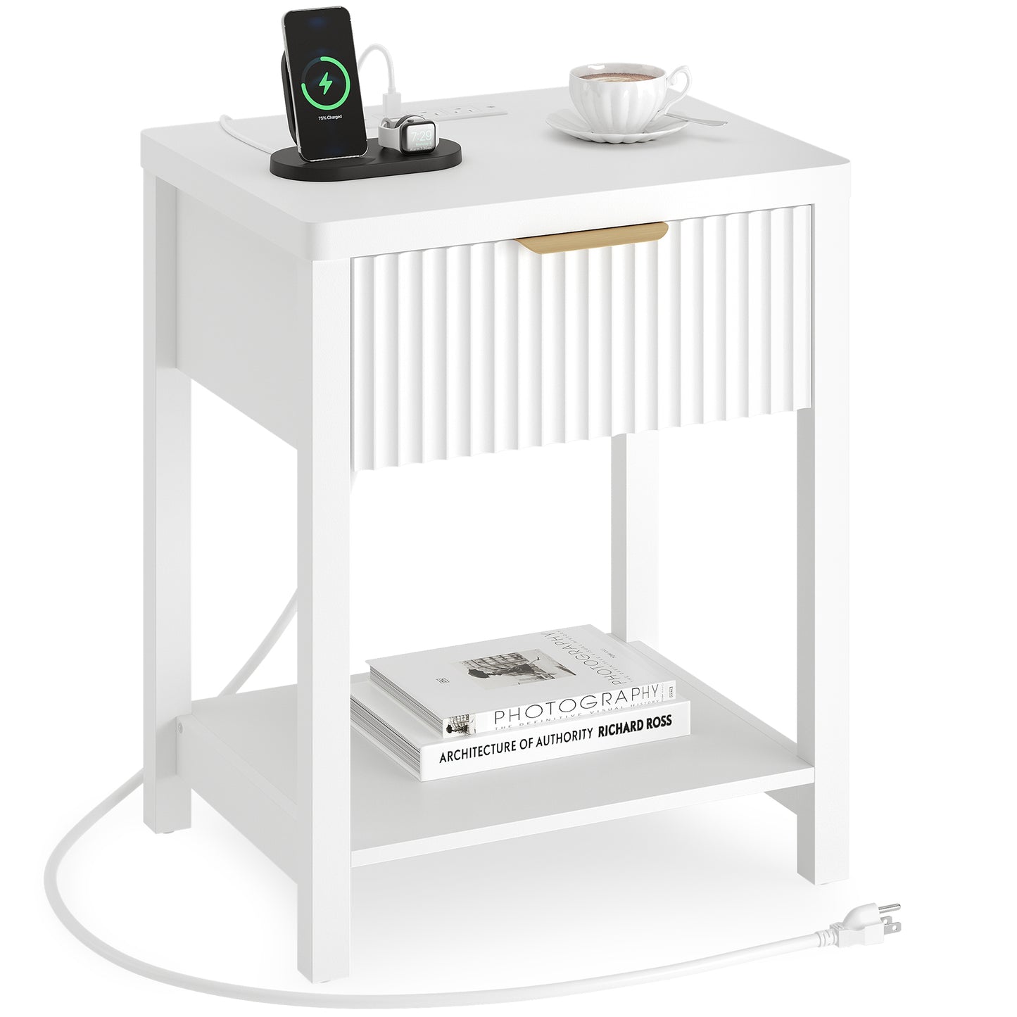 Laintene Fluted Nightstand with Charging Station - Modern Bedside Table with Drawer & Open Shelf, 2 AC Outlets + USB &Type-C for Bedroom & Living Room, White