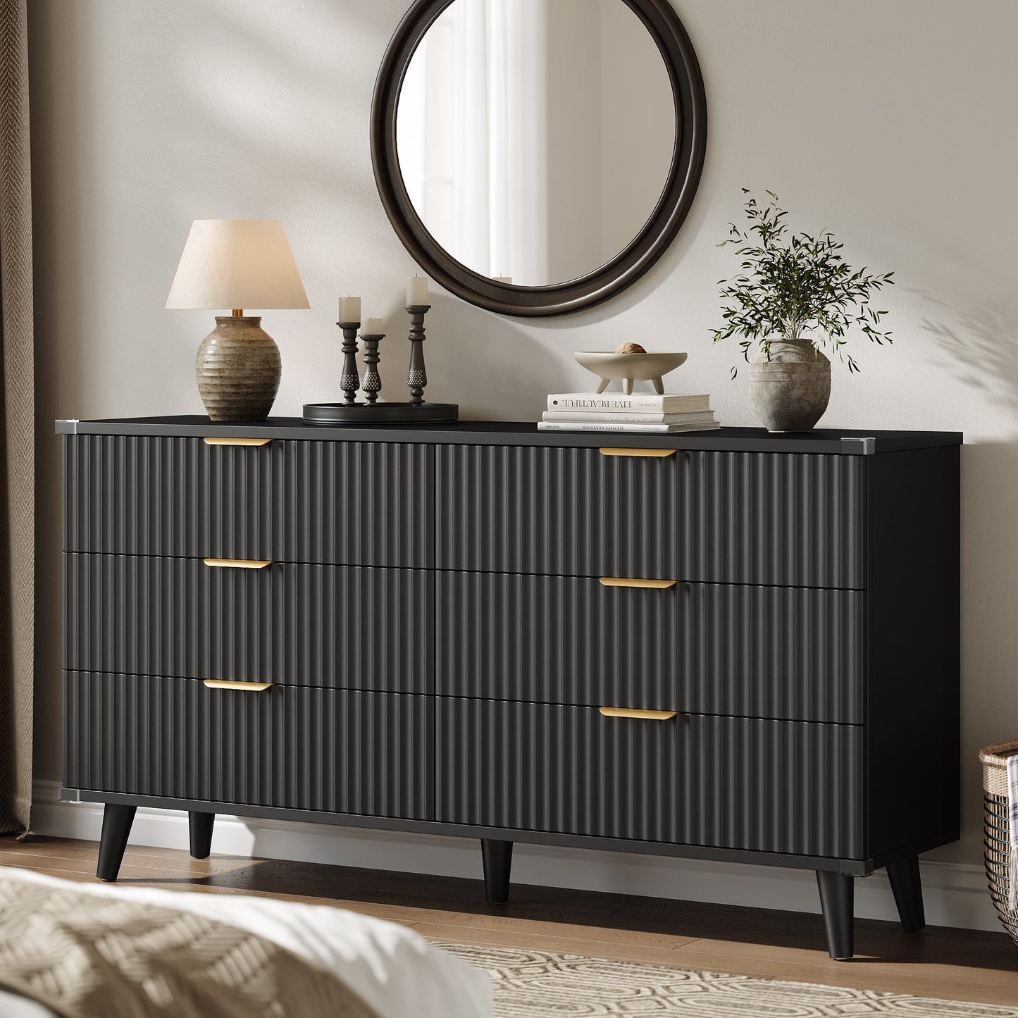 Laintene 6 Drawer Dresser for Bedroom – Solid Wood Fluted Storage Cabinet with Metal Handles, Modern Wave Design for Bedroom, Living Room & Entryway, Black