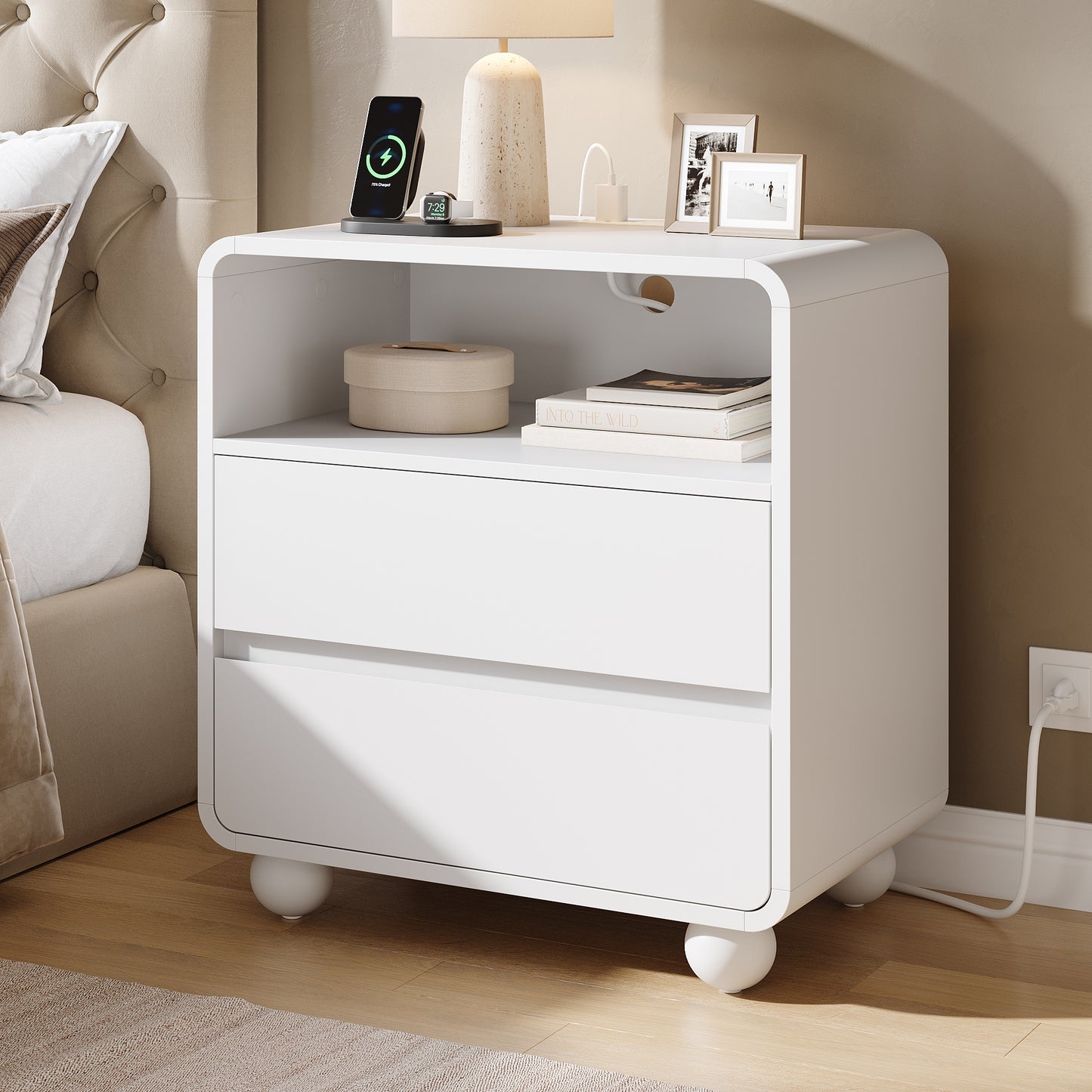 Laintene Tall Modern Nightstand with Charging Station, 23.6'' Wide Wood Bedside Table w/2 Storage Drawers, Large Mid Century End Table for Bedroom, Living Room, Curved Profile Design,White Oak