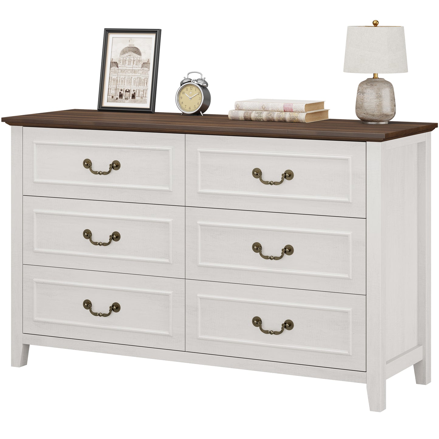 LainTene Farmhouse 6-Drawer Dresser - Rustic White Wood Dresser with Antique Bronze Handles, Vintage Storage Chest for Bedroom, Living Room & Entryway