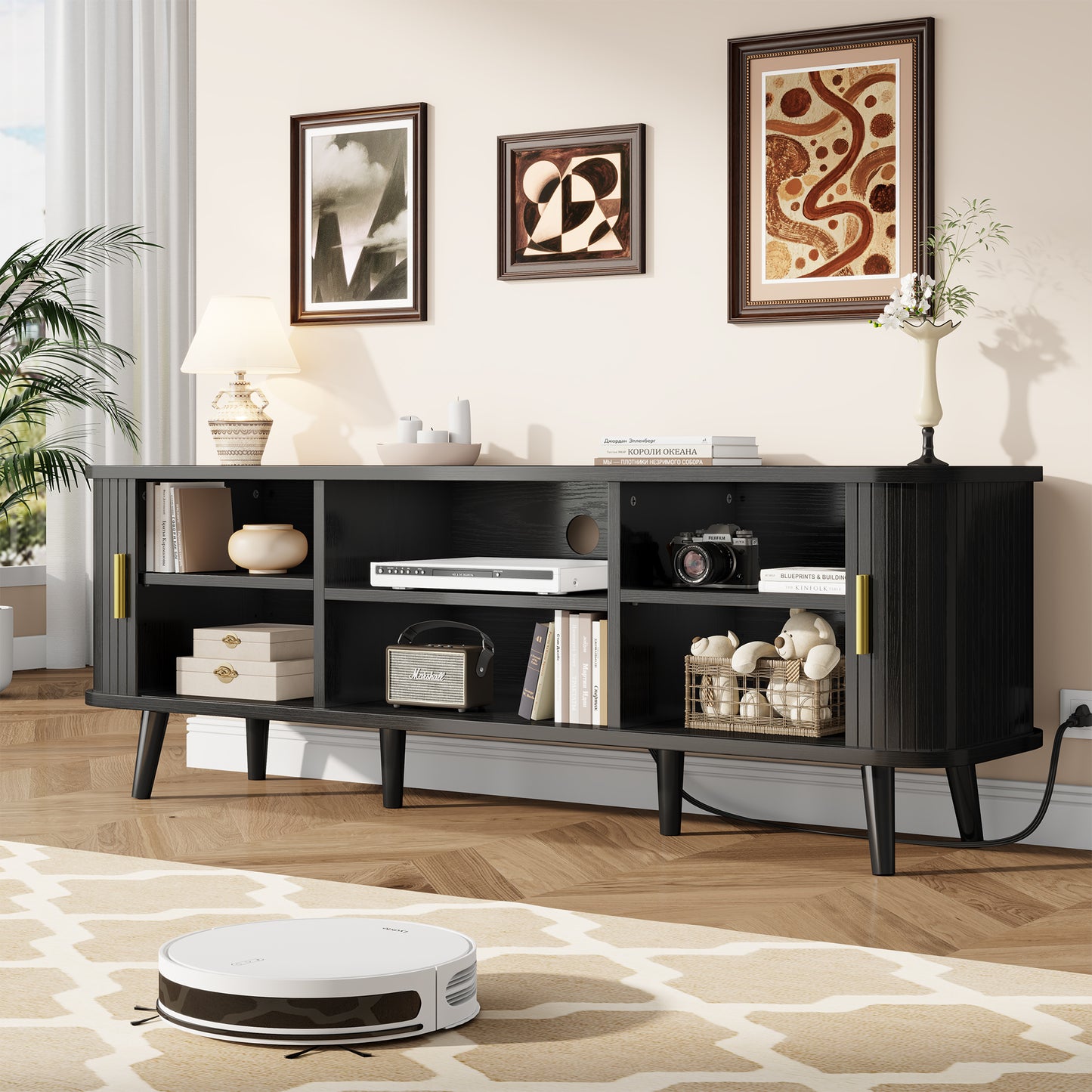 LainTene 65 Inch TV Stand with Sliding Doors – Modern Fluted Media Console for Living Room, Power Outlets (2 USB + 2 AC), Adjustable Shelves, Black Entertainment Center