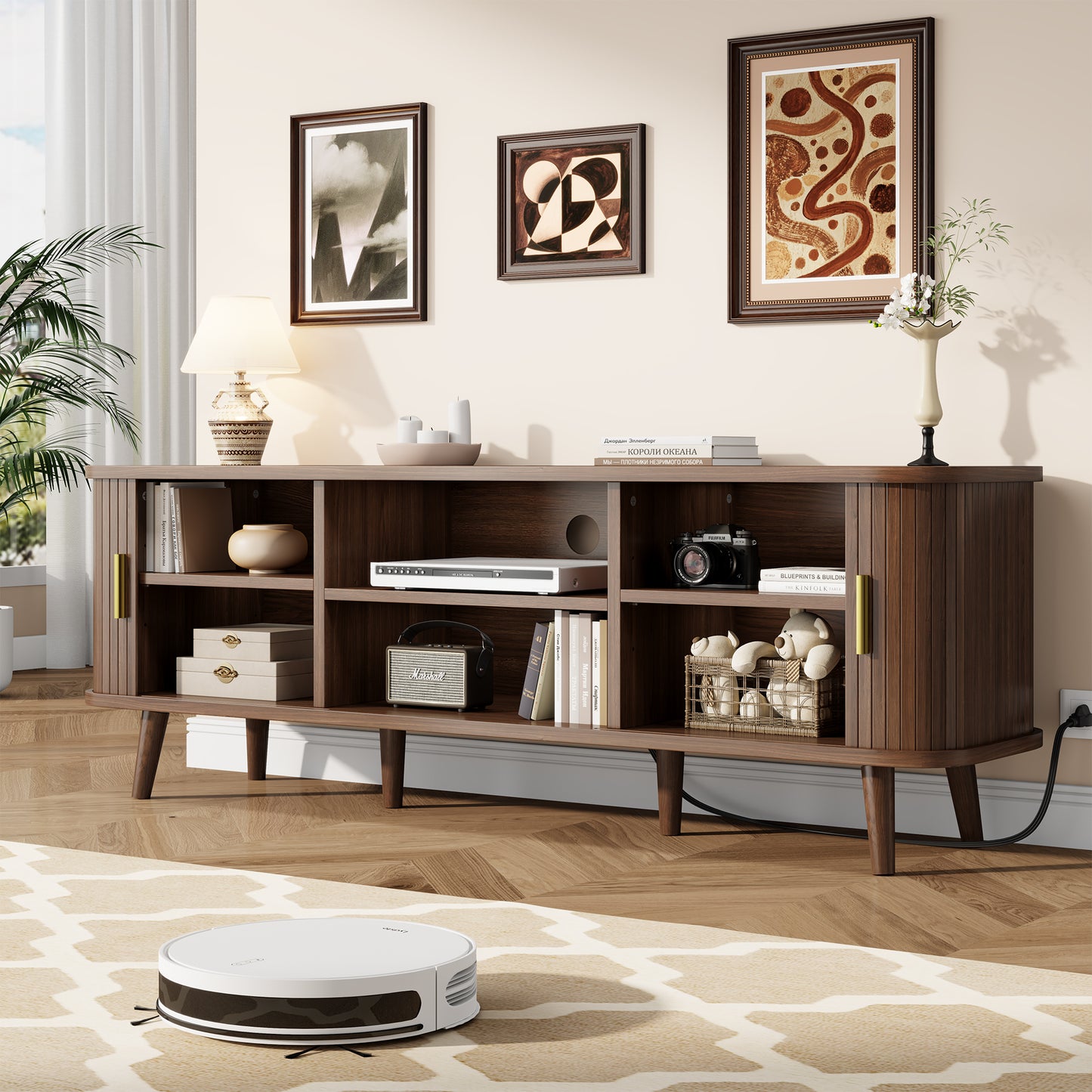 LainTene 65 Inch TV Stand with Sliding Doors – Modern Fluted Media Console for Living Room, Power Outlets (2 USB + 2 AC), Adjustable Shelves, Walnut Entertainment Center