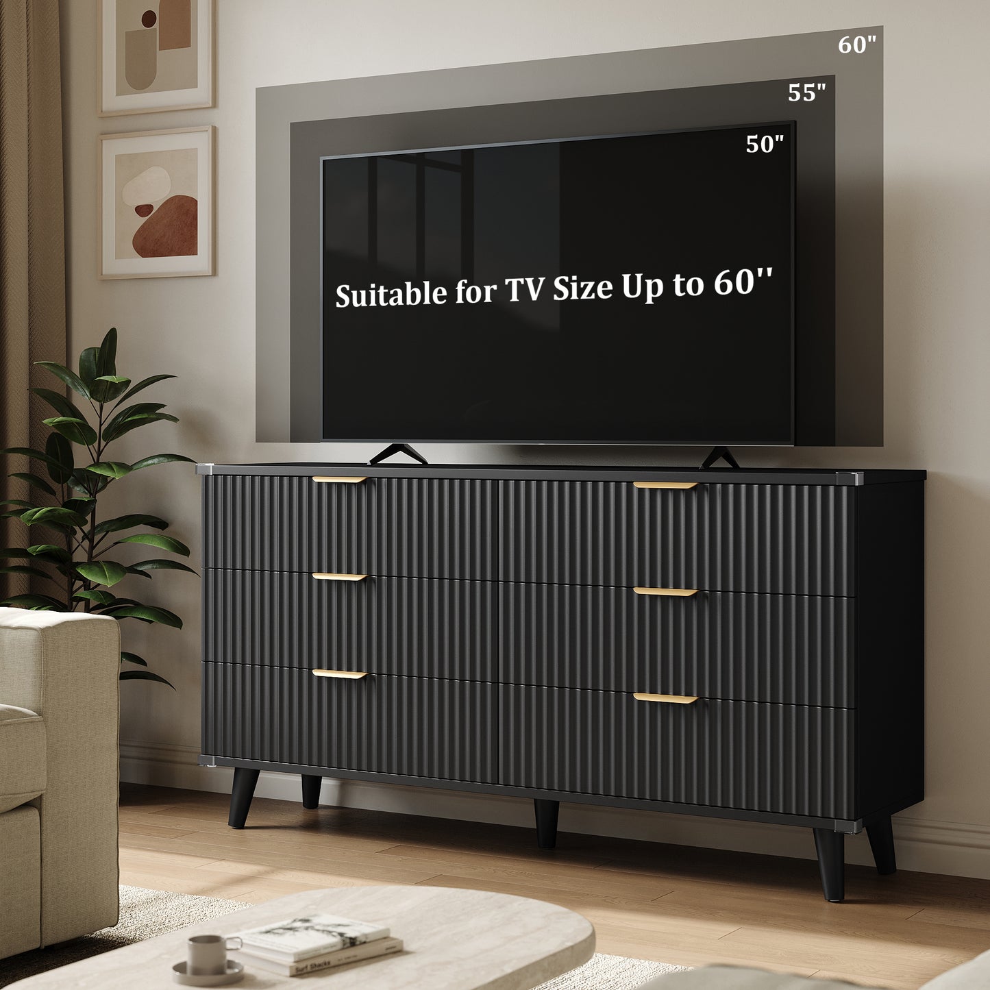 Laintene 6 Drawer Dresser for Bedroom – Solid Wood Fluted Storage Cabinet with Metal Handles, Modern Wave Design for Bedroom, Living Room & Entryway, Black