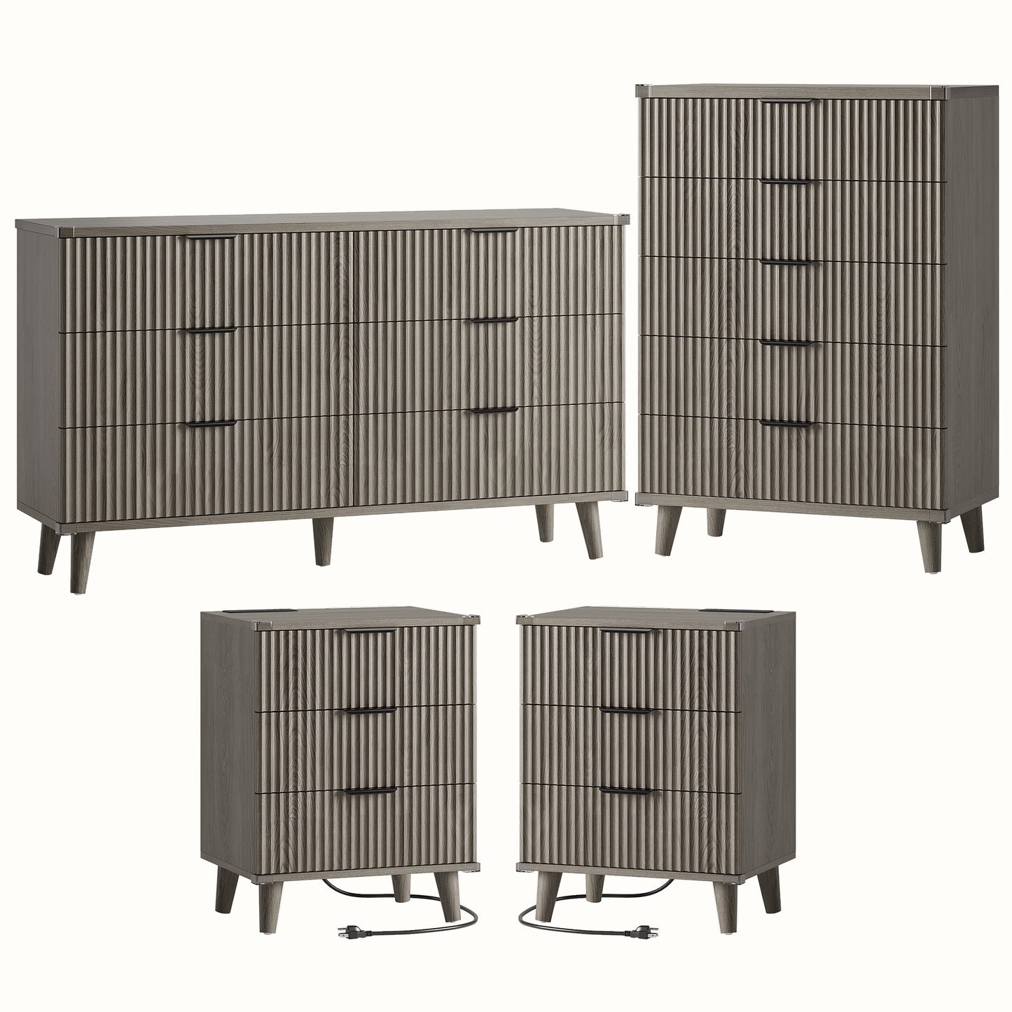 Laintene Boho Bedroom Set of 4 - 6 Drawer Dresser, 5 Drawer Vertical Dresser & 2 Nightstands with 3 Drawers & USB Charging, Fluted Wooden Storage for Modern Bedroom, Dark Grey Oak