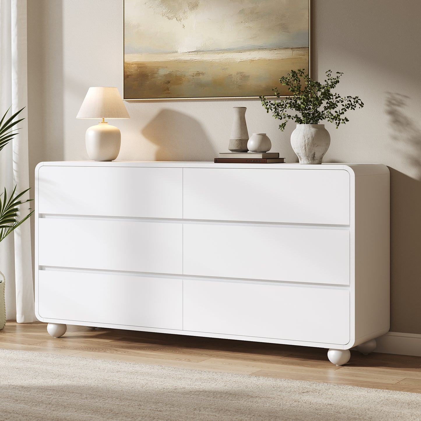 Laintene Modern 6 Drawers Dresser for Bedroom, 53" Wide Wood Dressers & Chests of Drawers w/Curved Profile Design, Mid Century Modern Dresser w/Natural Texture for Bedroom, Living Room,White Oak