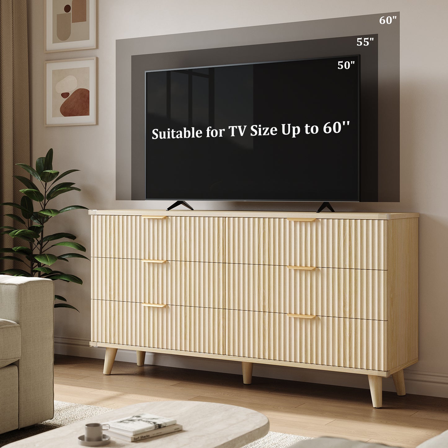 Laintene 6 Drawer Dresser for Bedroom – Solid Wood Fluted Storage Cabinet with Metal Handles, Modern Wave Design for Bedroom, Living Room & Entryway, Natural