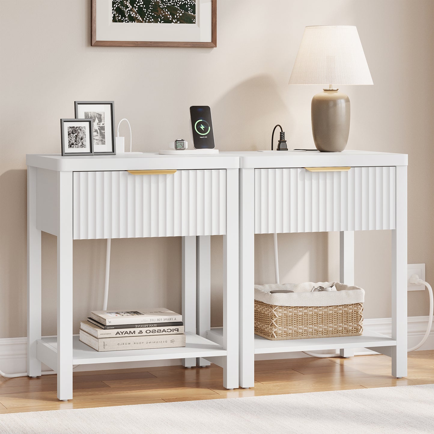 Laintene 3-Piece Boho Bedroom Set - 6-Drawer Dresser & 2 Nightstands with Drawer & USB Charging, Fluted Wooden Storage, Modern Dresser & Nightstand Combo, White