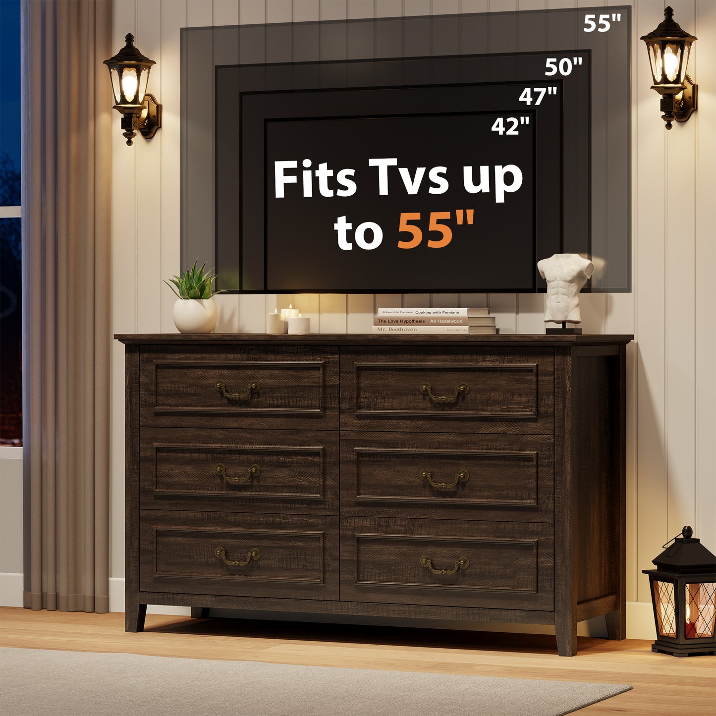 Laintene Farmhouse 6-Drawer Dresser - Rustic Wood Dresser with Antique Bronze Handles, Vintage Storage Chest for Bedroom, Living Room & Entryway