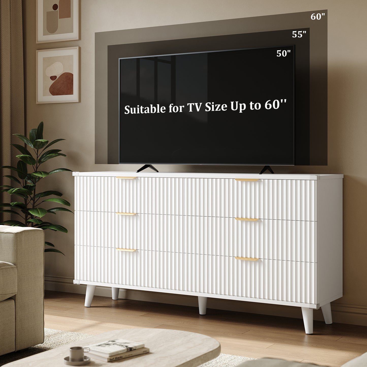 Laintene 6 Drawer Dresser for Bedroom – Solid Wood Fluted Storage Cabinet with Metal Handles, Modern Wave Design for Bedroom, Living Room & Entryway, White