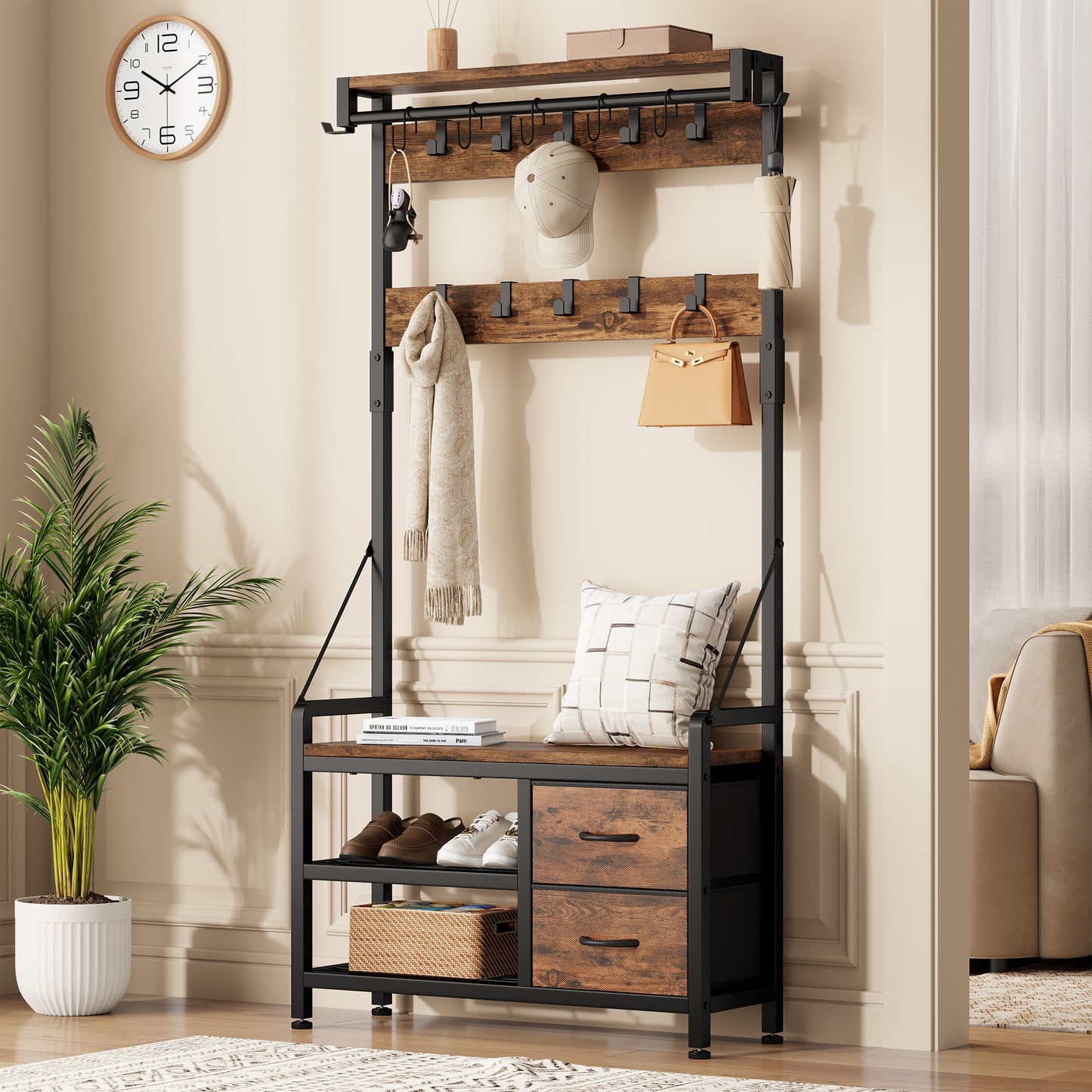 Laintene Hall Tree with Bench - 6-in-1 Industrial 31.5" Entryway Organizer, 17 Adjustable Hooks & 2 Drawers, Hanging Rod & Top Shelf, 300lb Weight Capacity for Hallway and Living Room, Rustic Brown