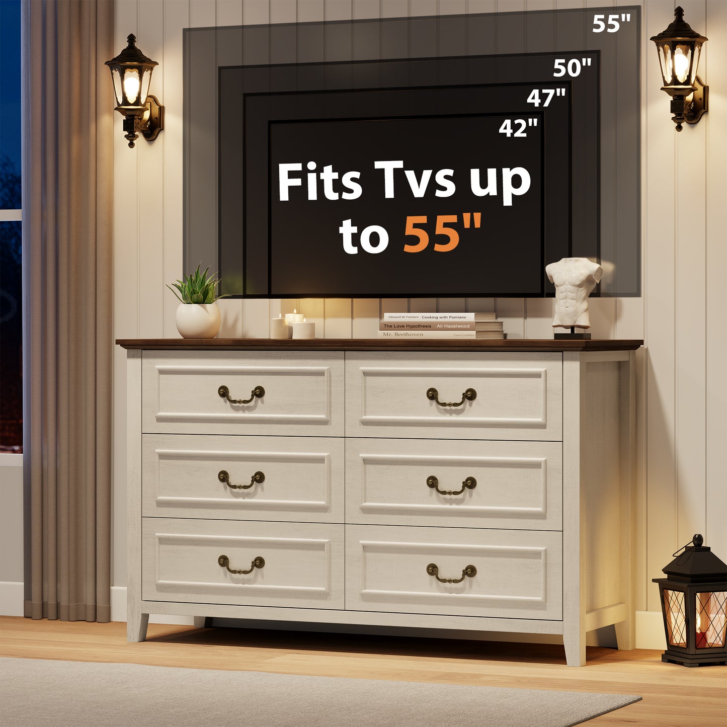 LainTene Farmhouse 3-Piece Dresser Set - 1x6-Drawer Storage Dresser & 2x Nightstands with USB Ports, Solid Wood Vintage Bedroom Furniture, Oak White