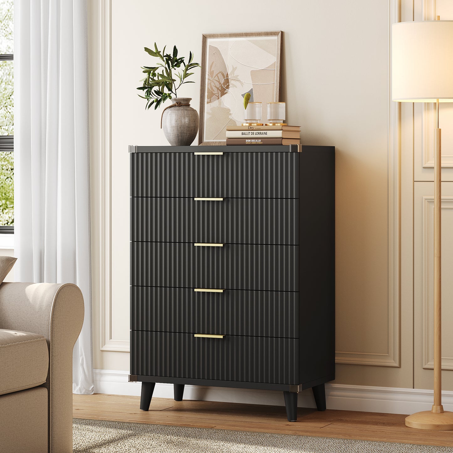 Laintene 5-Drawer Tall Dresser - Slim Boho Storage Cabinet with Fluted Design, Solid Wooden Chest for Bedroom, Closet & Small Spaces, Black