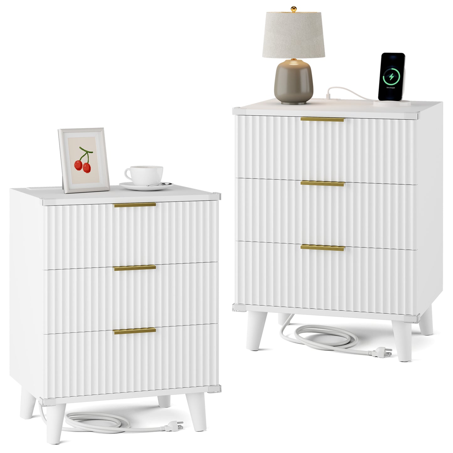 Laintene 3-Piece Boho Bedroom Set - 6-Drawer Dresser & 2 Nightstands with 3 Drawers & USB Charging, Fluted Wooden Storage, Modern Dresser & Nightstand Combo, White