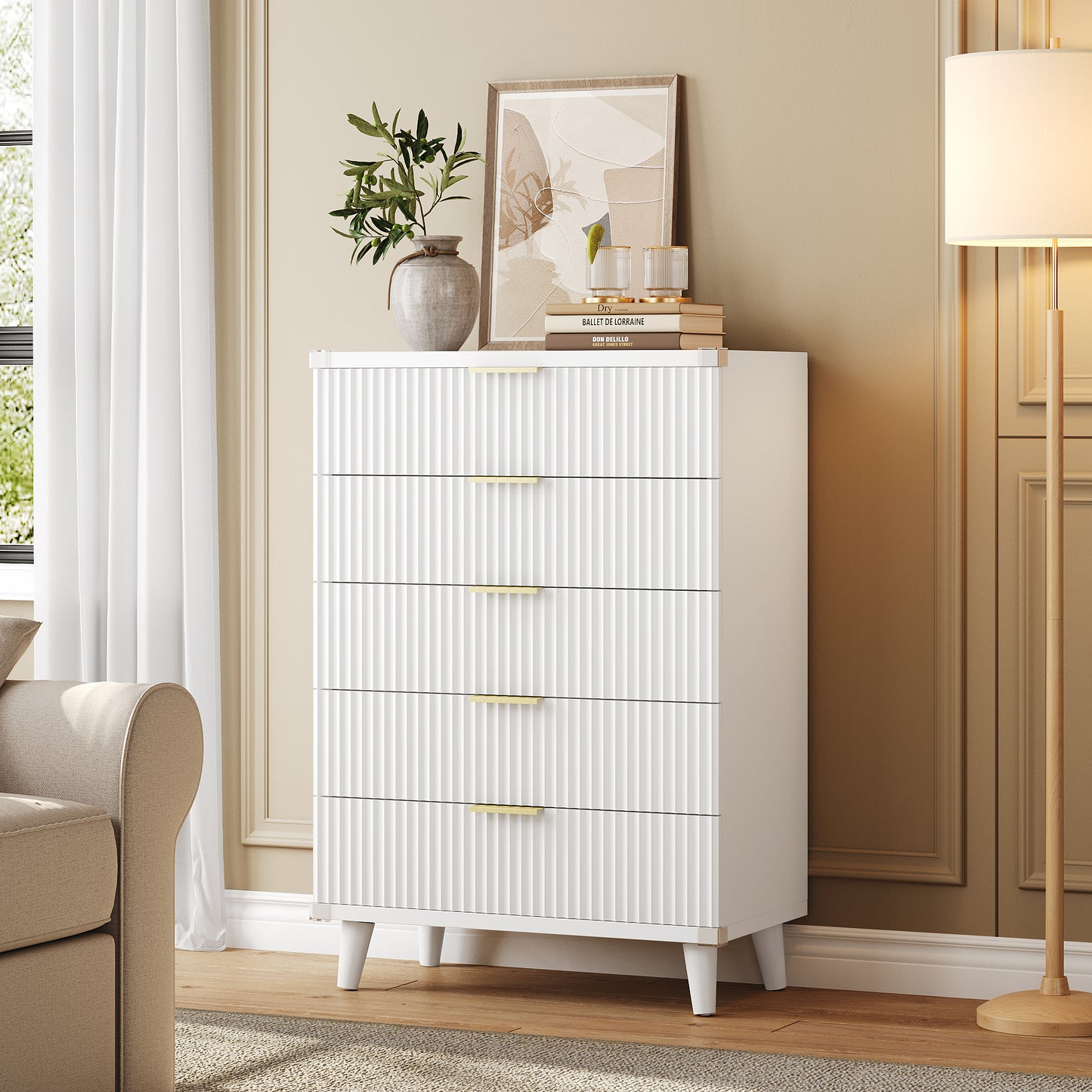 Laintene 5-Drawer Tall Dresser - Slim Boho Storage Cabinet with Fluted Design, Solid Wooden Chest for Bedroom, Closet & Small Spaces, White