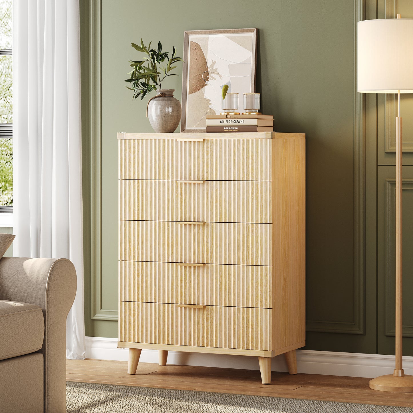 Laintene 5-Drawer Tall Dresser - Slim Boho Storage Cabinet with Fluted Design, Solid Wooden Chest for Bedroom, Closet & Small Spaces, Natural