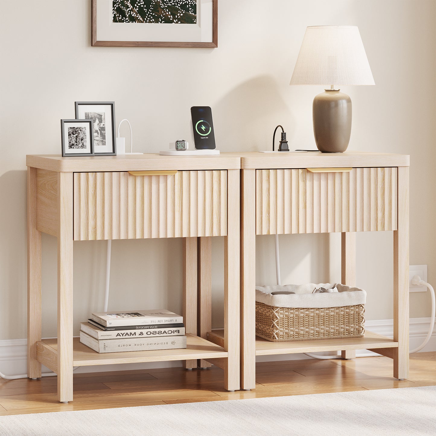 Laintene Fluted Nightstand with Charging Station - Modern Bedside Table with Drawer & Open Shelf, 2 AC Outlets + USB &Type-C for Bedroom & Living Room, Natural
