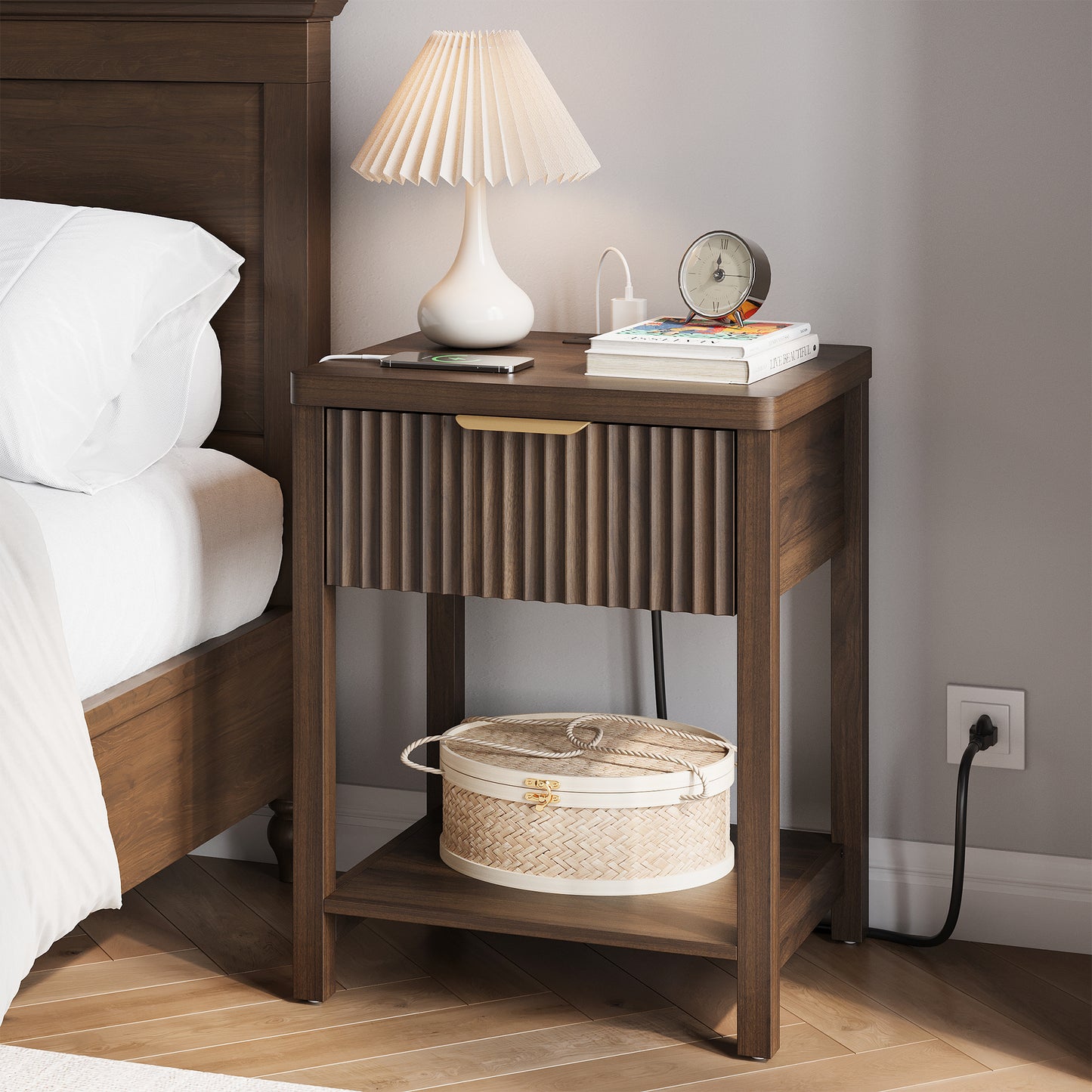 Laintene Fluted Nightstand with Charging Station - Modern Bedside Table with Drawer & Open Shelf, 2 AC Outlets + USB &Type-C for Bedroom & Living Room, Walnut