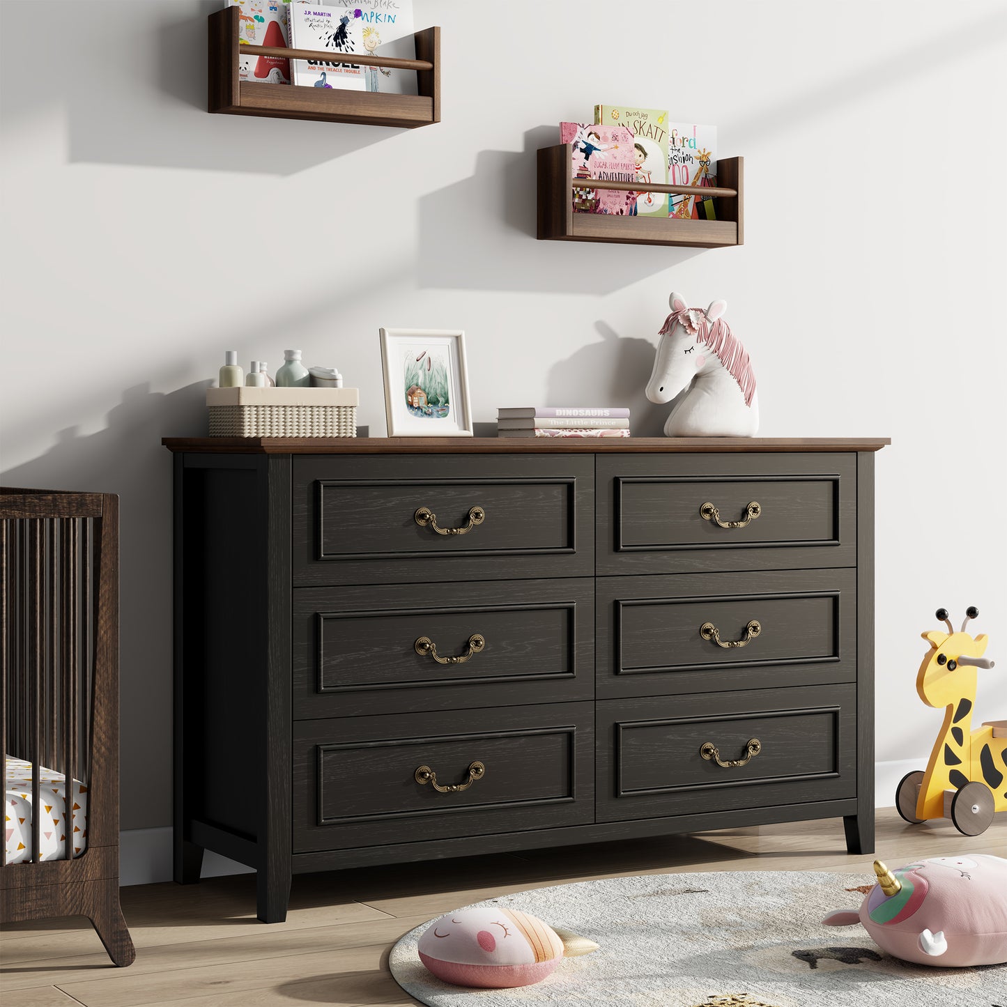 LainTene Farmhouse 6-Drawer Dresser - Rustic Black Wood Dresser with Antique Bronze Handles, Vintage Storage Chest for Bedroom, Living Room & Entryway