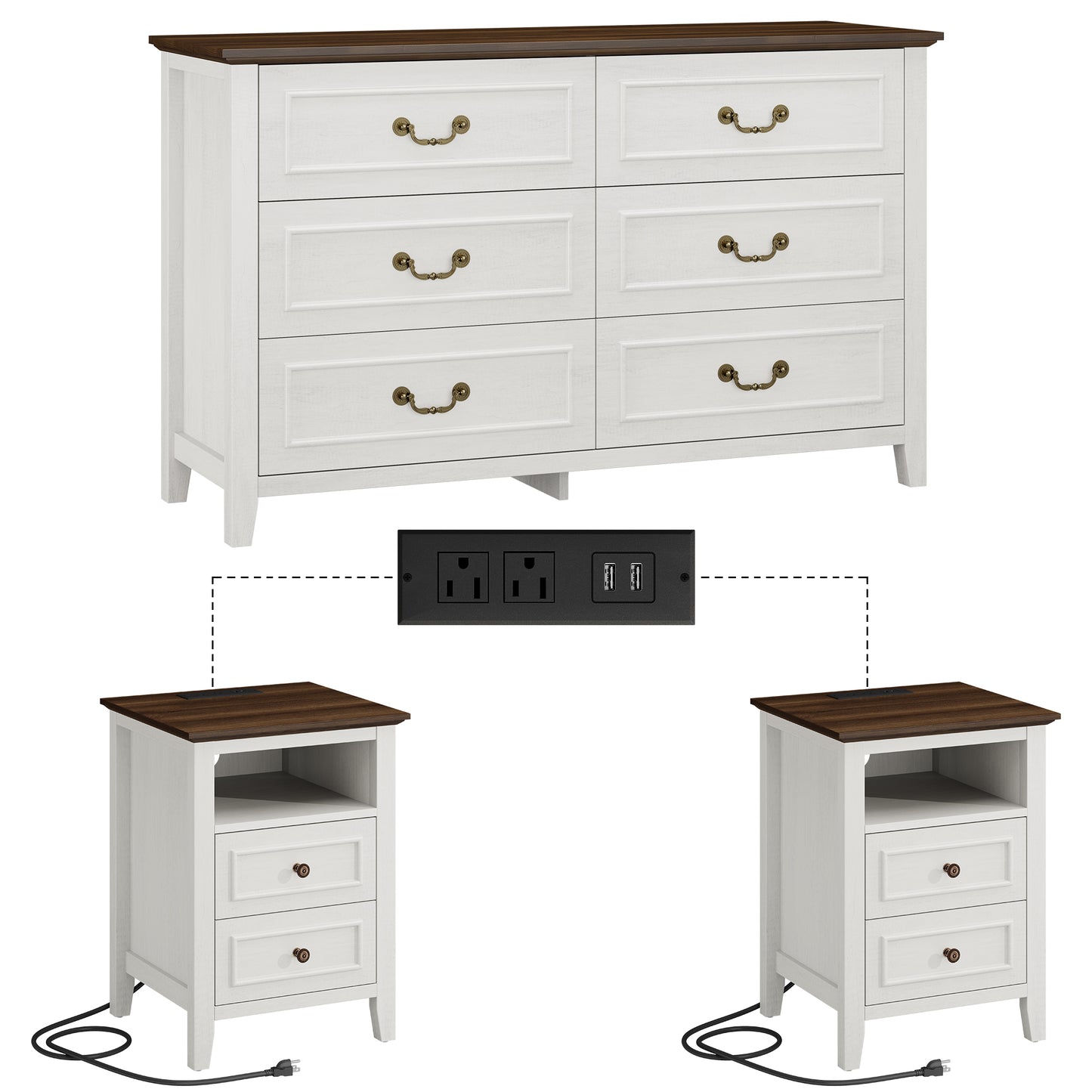 LainTene Farmhouse 3-Piece Dresser Set - 1x6-Drawer Storage Dresser & 2x Nightstands with USB Ports, Solid Wood Vintage Bedroom Furniture, Oak White