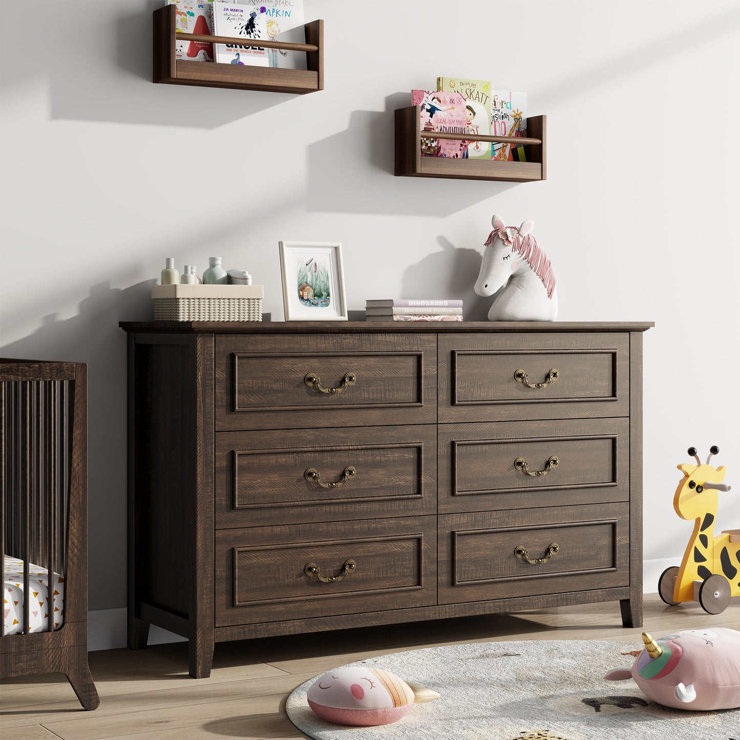 Laintene Farmhouse 6-Drawer Dresser - Rustic Wood Dresser with Antique Bronze Handles, Vintage Storage Chest for Bedroom, Living Room & Entryway