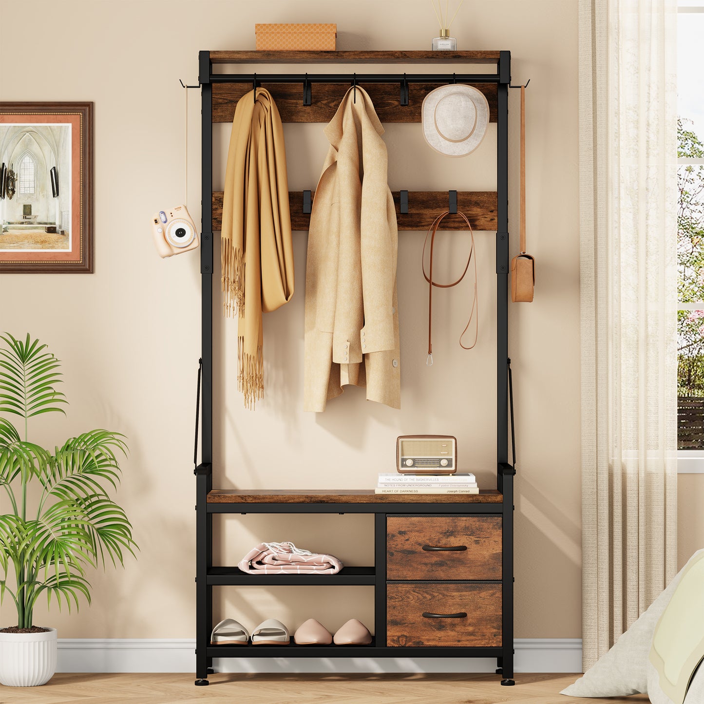 Laintene Hall Tree with Bench - 6-in-1 Industrial 31.5" Entryway Organizer, 17 Adjustable Hooks & 2 Drawers, Hanging Rod & Top Shelf, 300lb Weight Capacity for Hallway and Living Room, Rustic Brown