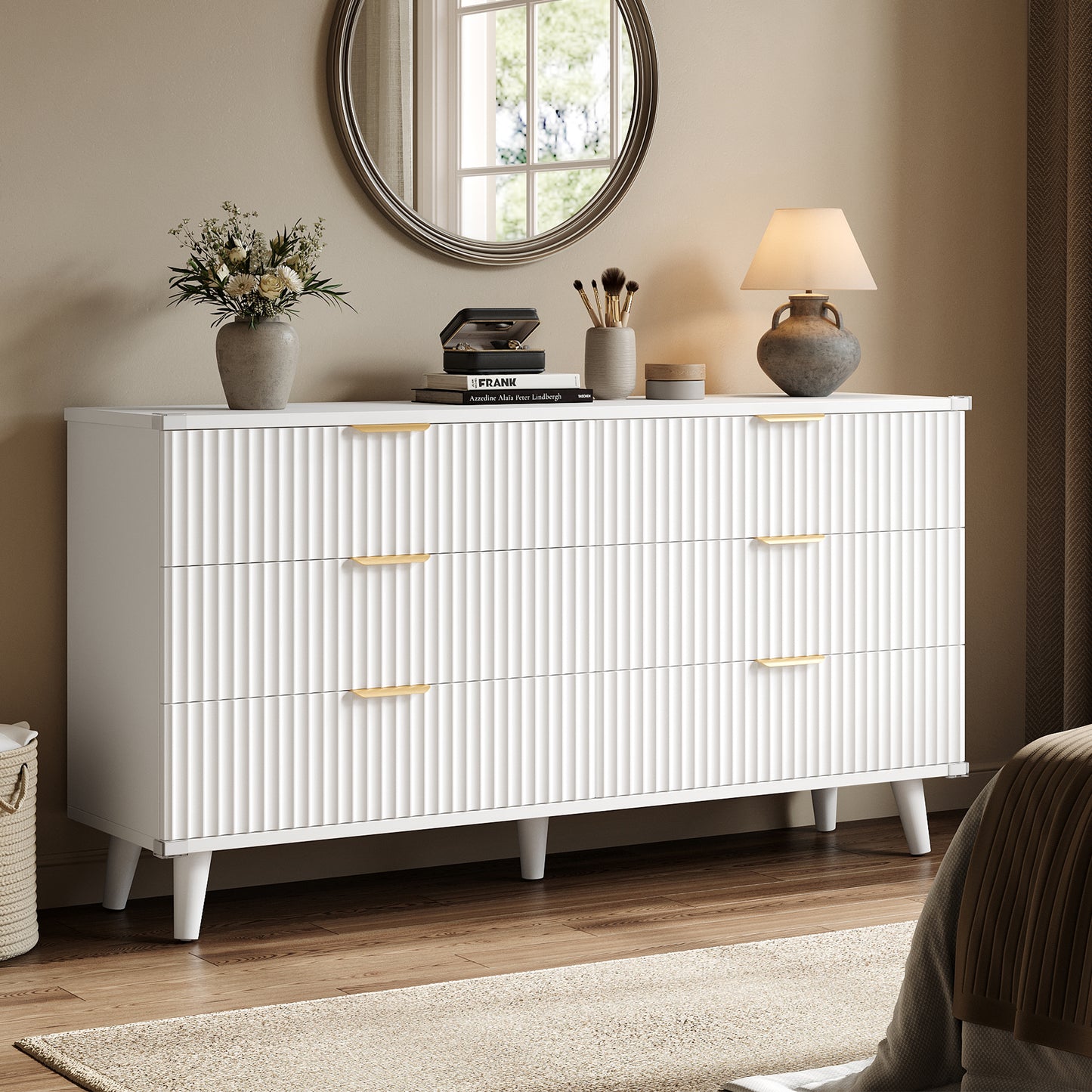 Laintene 6 Drawer Dresser for Bedroom – Solid Wood Fluted Storage Cabinet with Metal Handles, Modern Wave Design for Bedroom, Living Room & Entryway, White