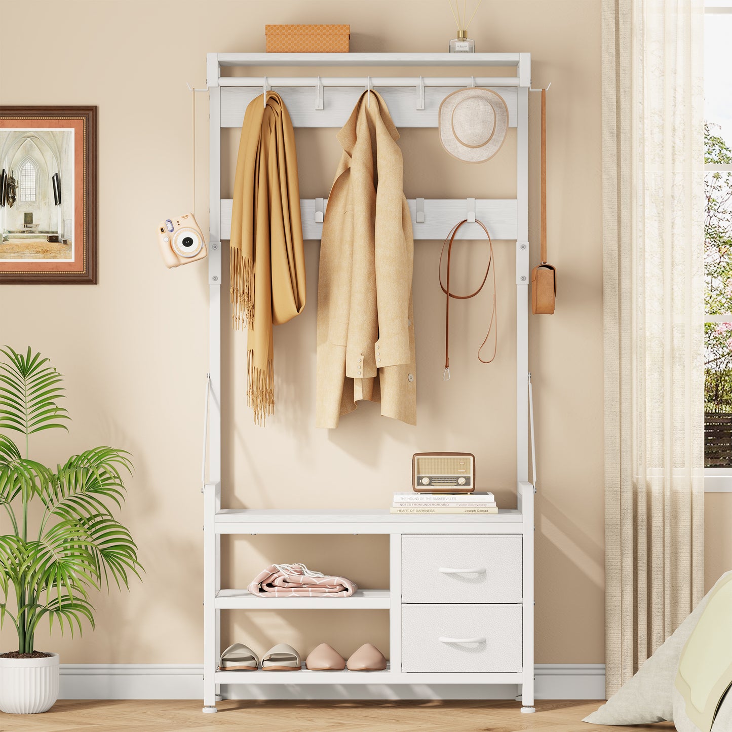 Laintene Hall Tree with Bench - 6-in-1 Industrial 31.5" Entryway Organizer, 17 Adjustable Hooks & 2 Drawers, Hanging Rod & Top Shelf, 300lb Weight Capacity for Hallway and Living Room, White