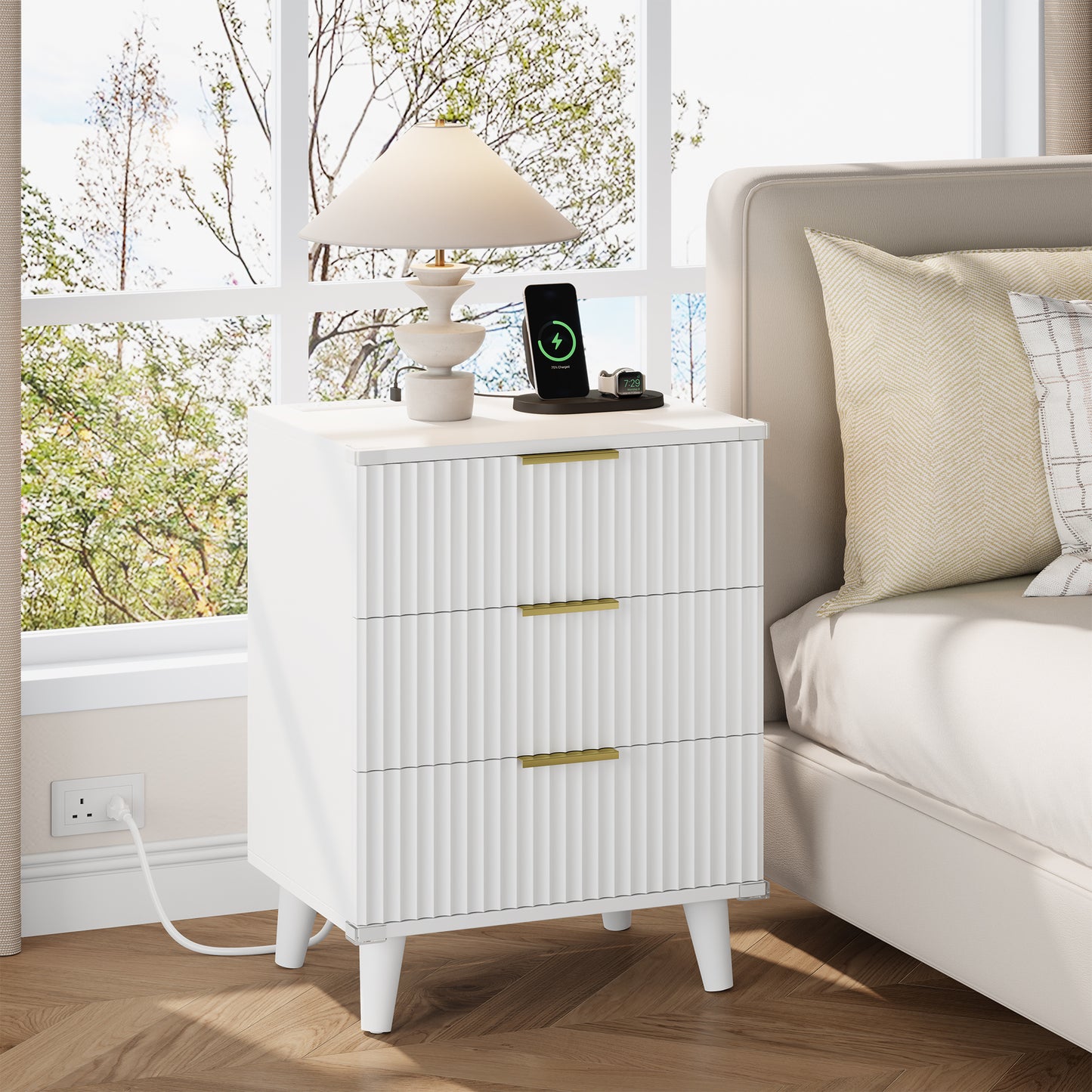 Laintene 3-Drawer Dresser Set of 2, Nightstand with Charging Station - Modern Fluted with Solid Wood Legs, 2 AC Outlets & 2 USB Ports, Small End Table with Storage, White