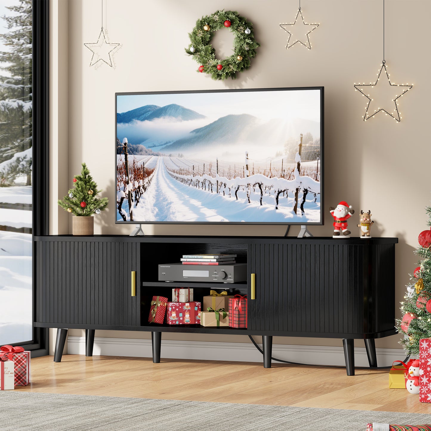 LainTene 65 Inch TV Stand with Sliding Doors – Modern Fluted Media Console for Living Room, Power Outlets (2 USB + 2 AC), Adjustable Shelves, Black Entertainment Center