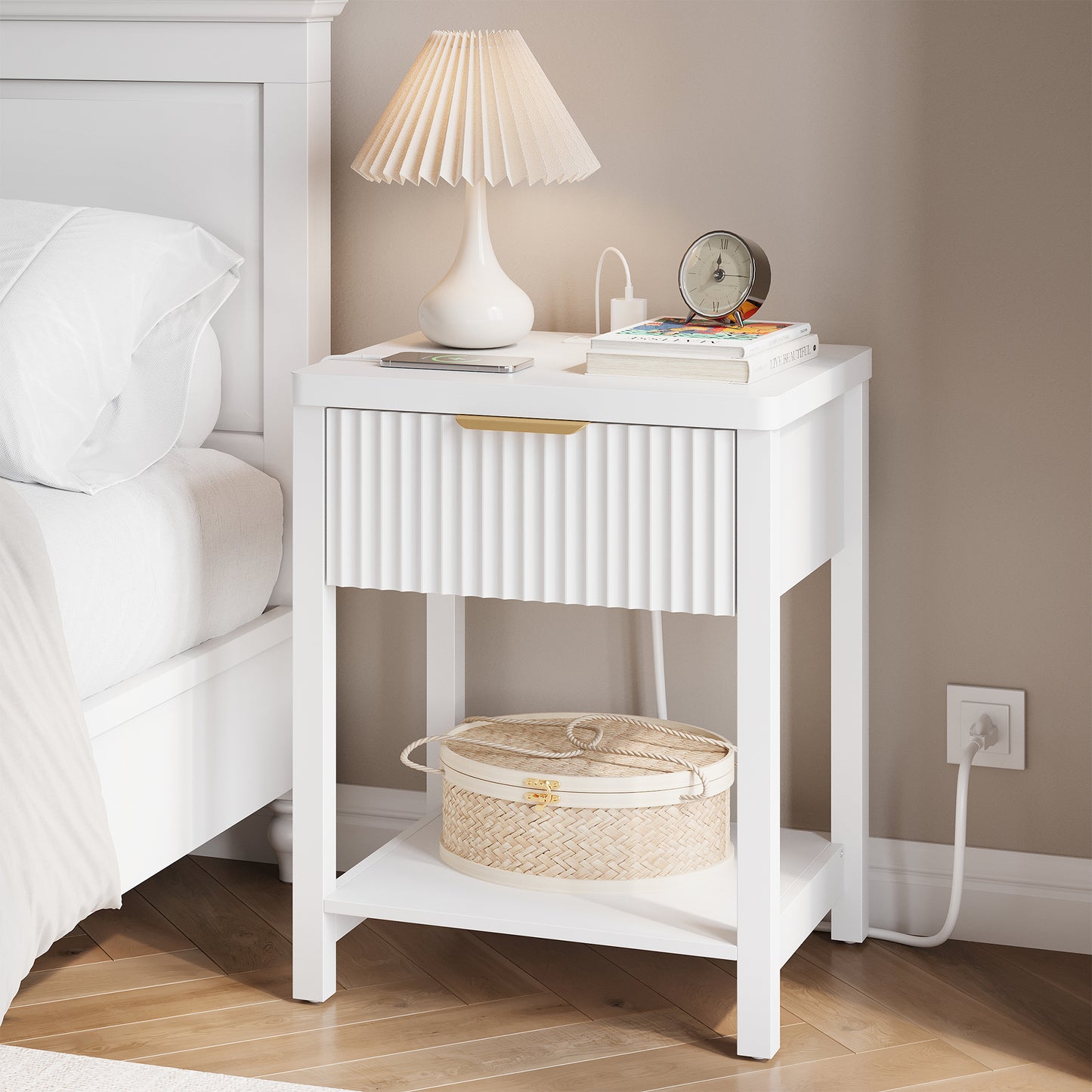 Laintene Fluted Nightstand with Charging Station - Modern Bedside Table with Drawer & Open Shelf, 2 AC Outlets + USB &Type-C for Bedroom & Living Room, White