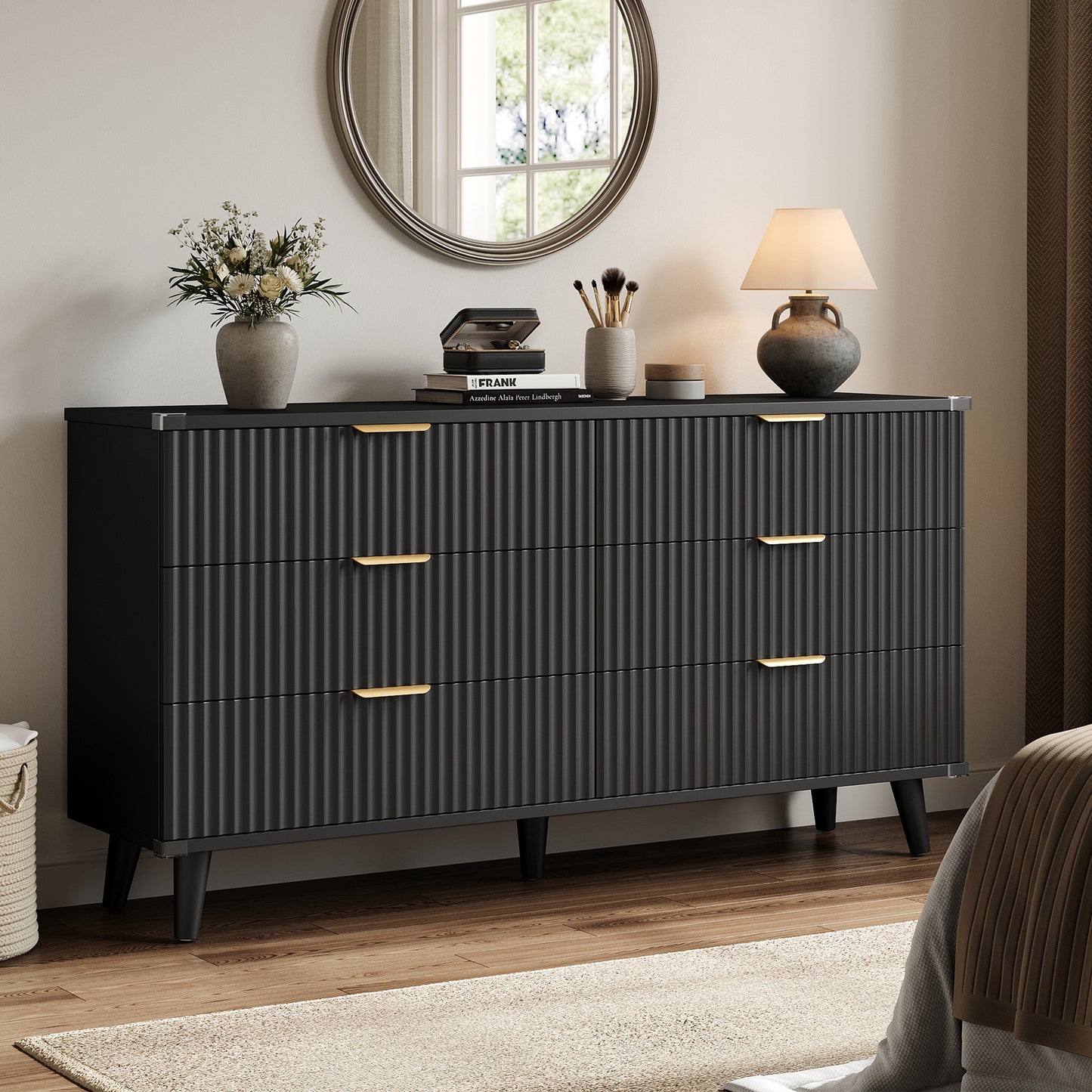 Laintene 6 Drawer Dresser for Bedroom – Solid Wood Fluted Storage Cabinet with Metal Handles, Modern Wave Design for Bedroom, Living Room & Entryway, Black