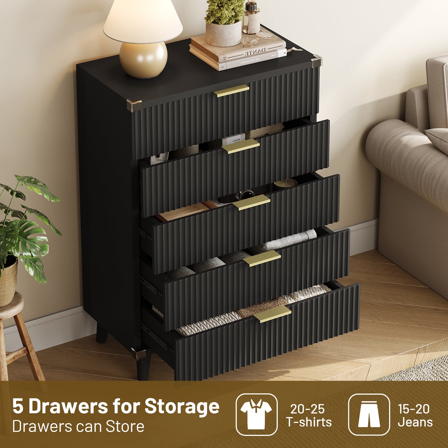 Laintene Boho Bedroom Set of 4 - 6 Drawer Dresser, 5 Drawer Vertical Dresser & 2 Nightstands with Drawer & USB Charging, Fluted Wooden Storage for Modern Bedroom, Black
