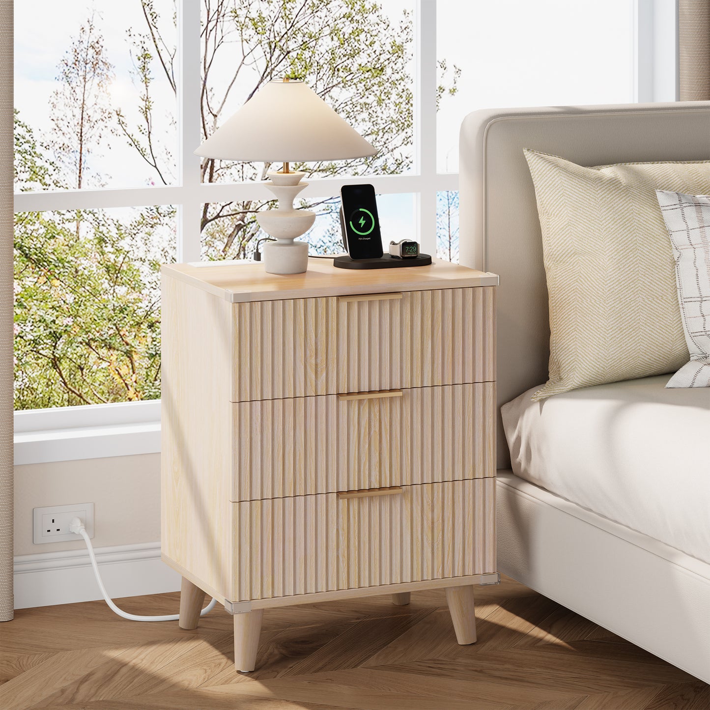 Laintene 3-Drawer Dresser Set of 2, Nightstand with Charging Station - Modern Fluted with Solid Wood Legs, 2 AC Outlets & 2 USB Ports, Small End Table with Storage, Natural