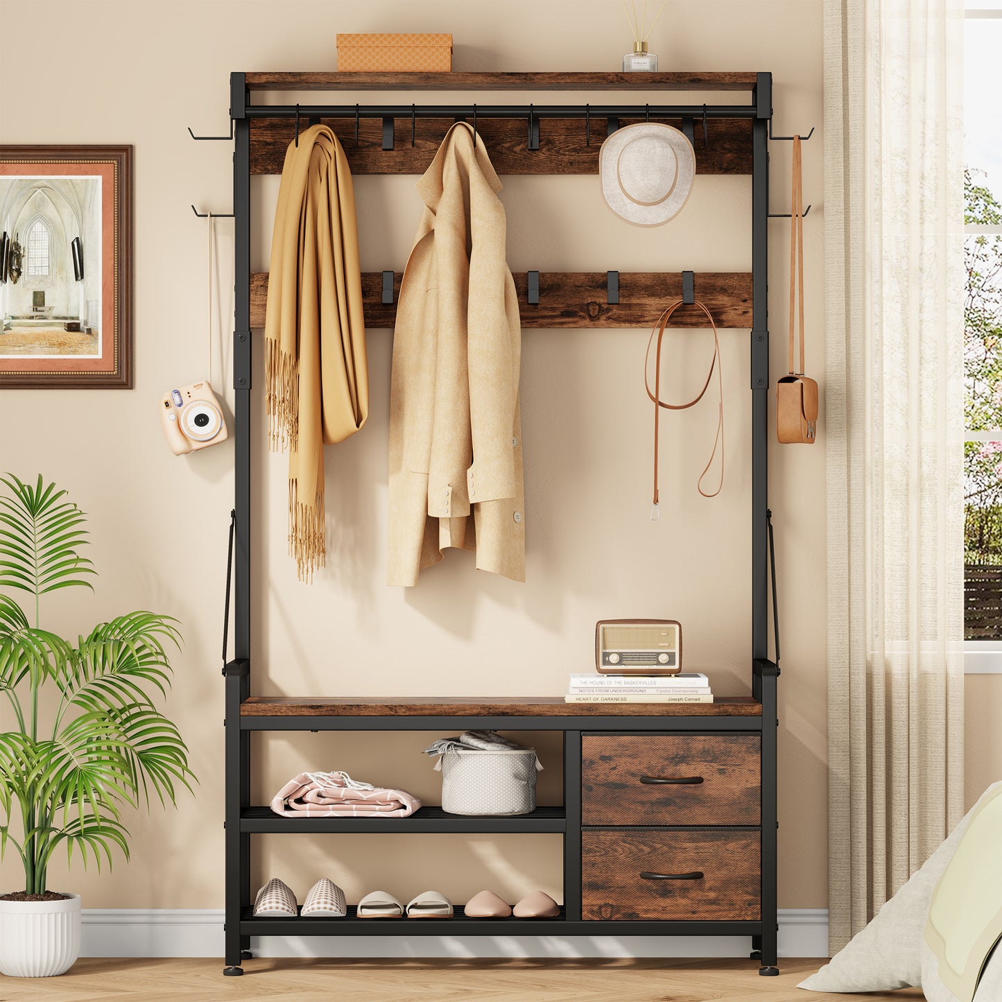 Laintene Hall Tree with Bench - 6-in-1 Wider 39.4" Entryway Organizer, 24 Adjustable Hooks & 2 Drawers, Hanging Rod & Top Shelf, 300lb Weight Capacity for Hallway and Living Room, Rustic Brown