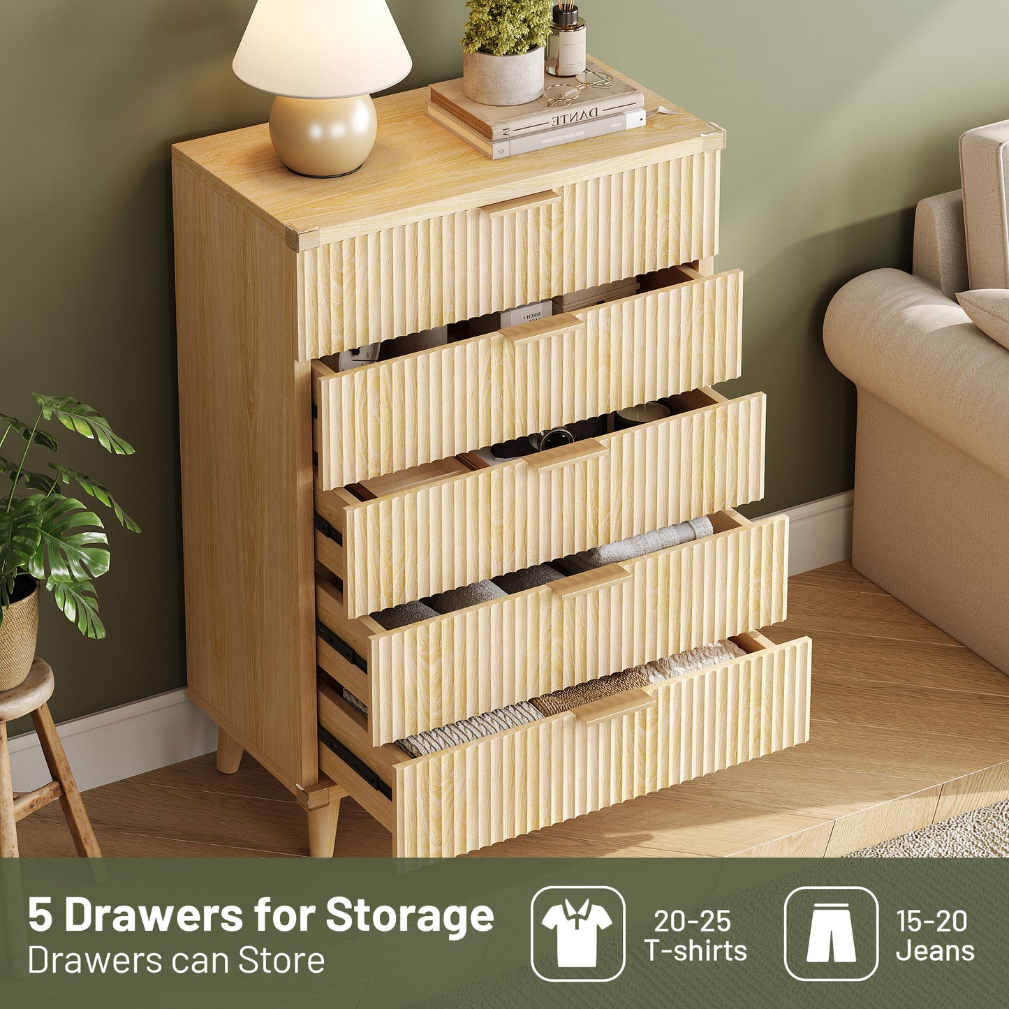 Laintene 5-Drawer Tall Dresser - Slim Boho Storage Cabinet with Fluted Design, Solid Wooden Chest for Bedroom, Closet & Small Spaces, Natural