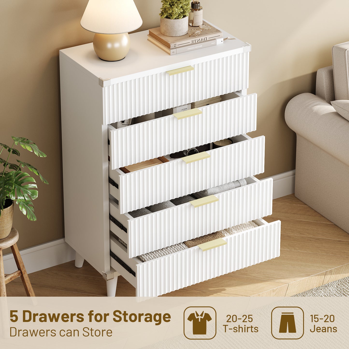 Laintene 5-Drawer Tall Dresser - Slim Boho Storage Cabinet with Fluted Design, Solid Wooden Chest for Bedroom, Closet & Small Spaces, White