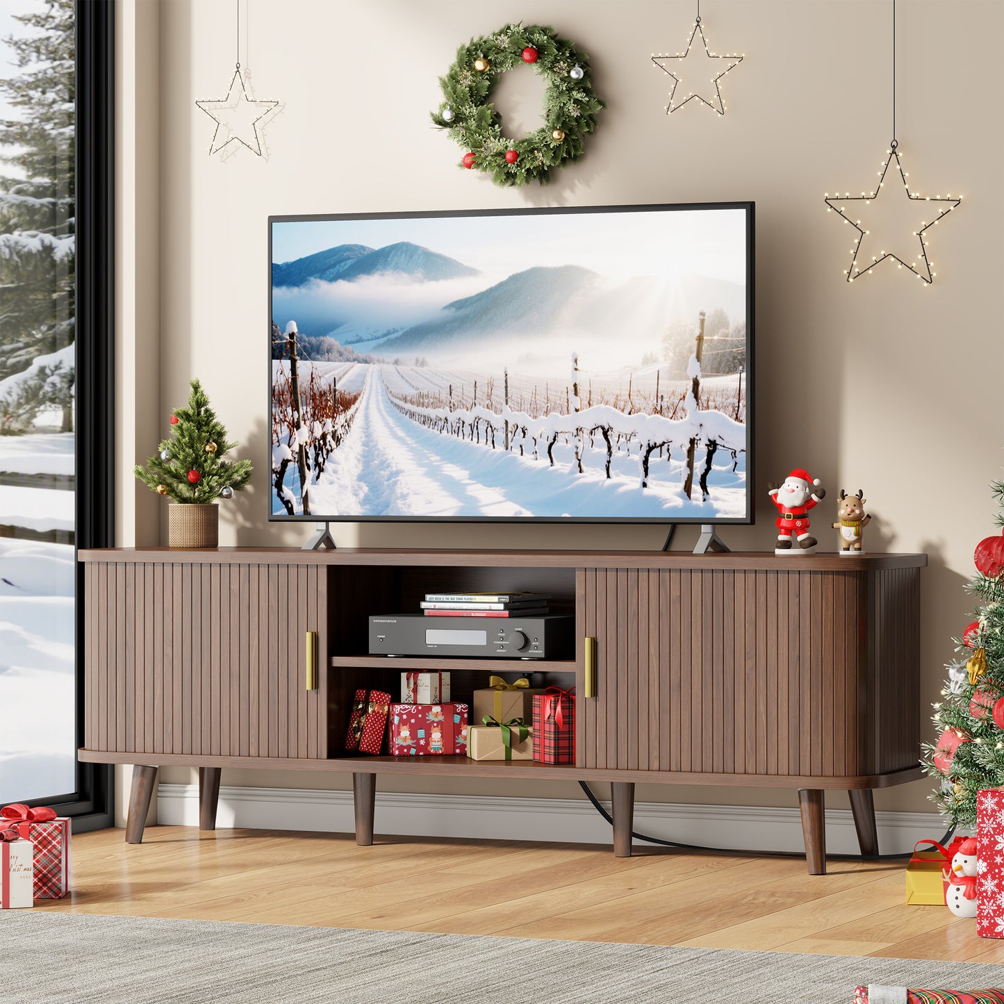 LainTene 65 Inch TV Stand with Sliding Doors – Modern Fluted Media Console for Living Room, Power Outlets (2 USB + 2 AC), Adjustable Shelves, Walnut Entertainment Center