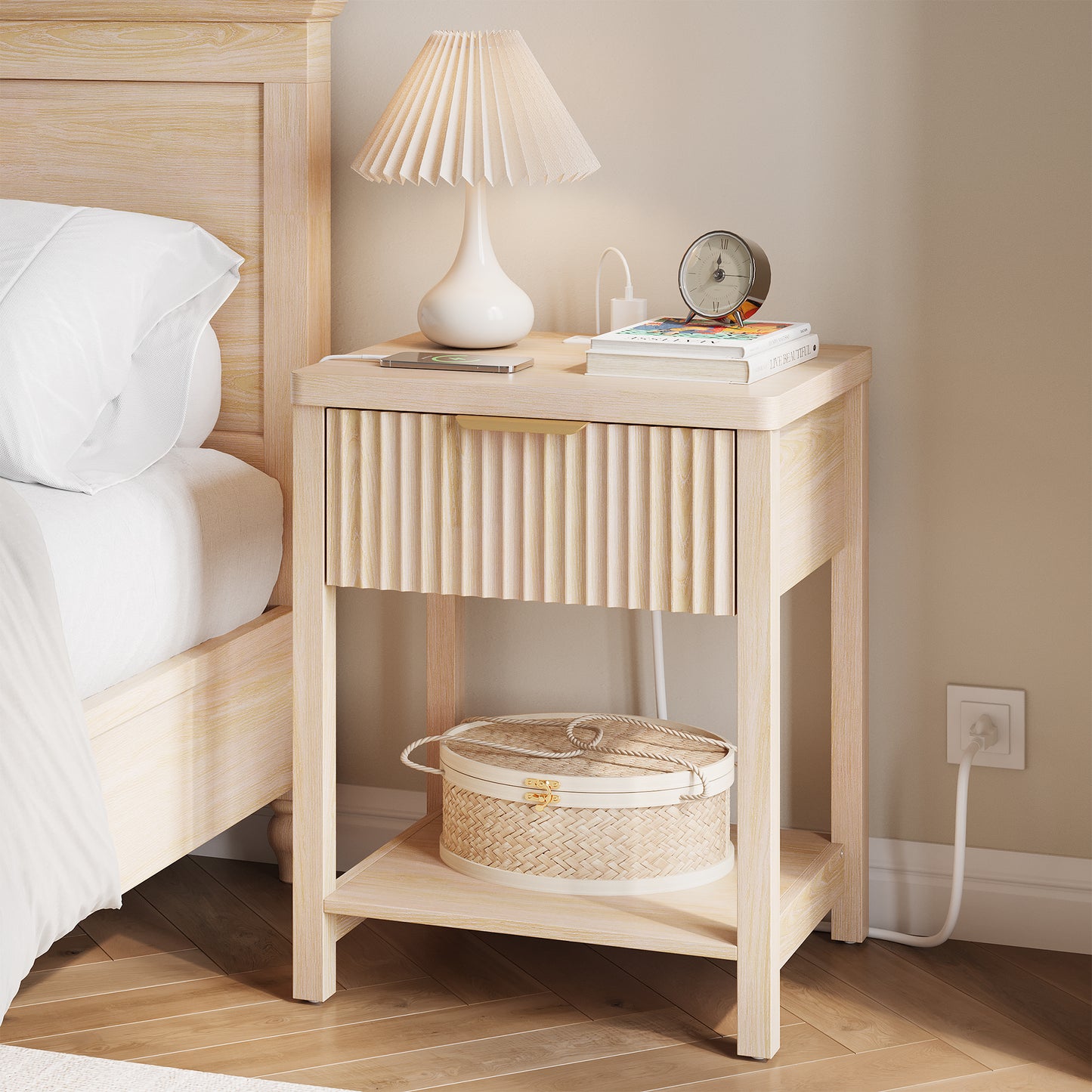 Laintene Fluted Nightstand with Charging Station - Modern Bedside Table with Drawer & Open Shelf, 2 AC Outlets + USB &Type-C for Bedroom & Living Room, Natural