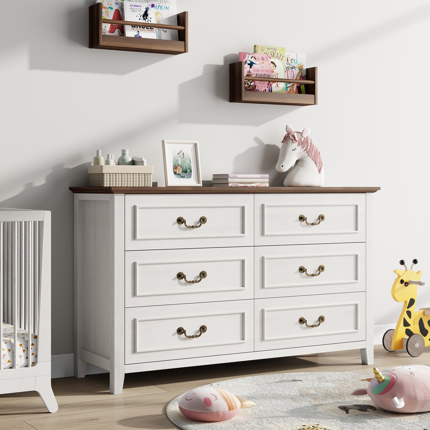 LainTene Farmhouse 3-Piece Dresser Set - 1x6-Drawer Storage Dresser & 2x Nightstands with USB Ports, Solid Wood Vintage Bedroom Furniture, Oak White