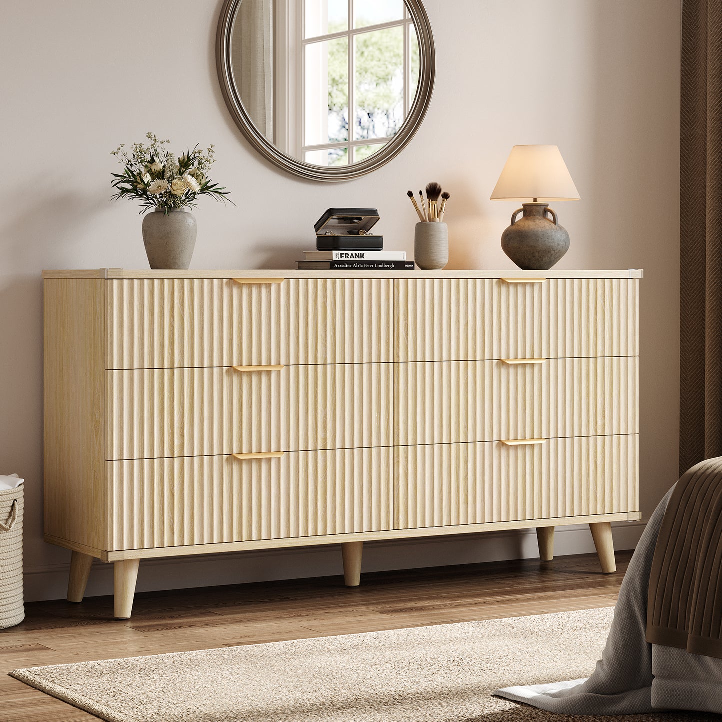 Laintene 6 Drawer Dresser for Bedroom – Solid Wood Fluted Storage Cabinet with Metal Handles, Modern Wave Design for Bedroom, Living Room & Entryway, Natural