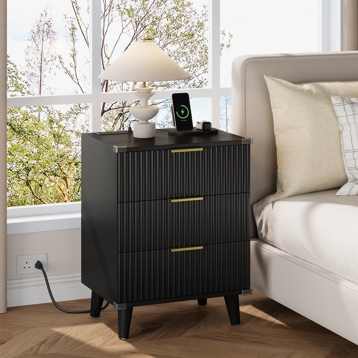 Laintene 3-Drawer Dresser Set of 2, Nightstand with Charging Station - Modern Fluted with Solid Wood Legs, 2 AC Outlets & 2 USB Ports, Small End Table with Storage, Black