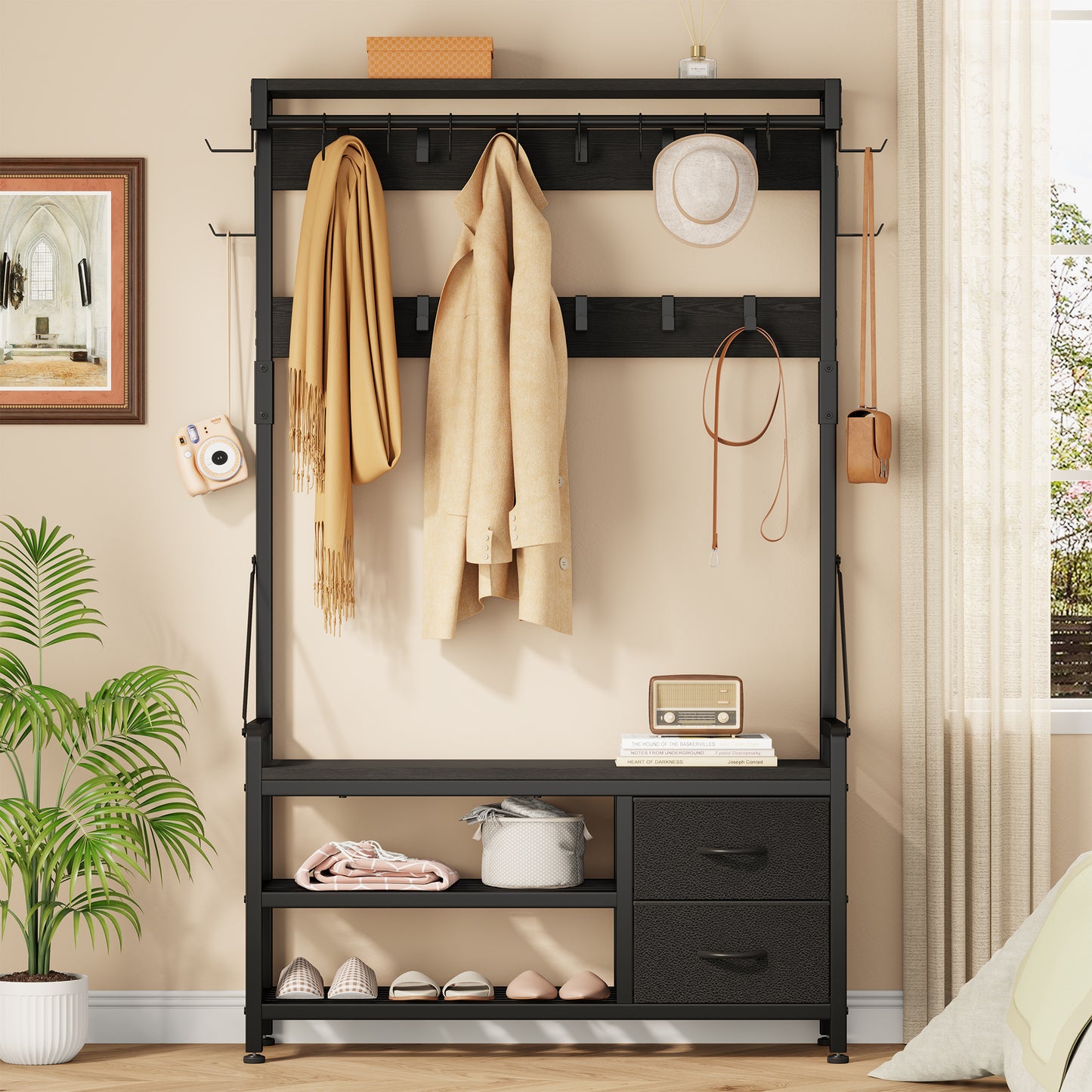 Laintene Hall Tree with Bench - 6-in-1 Wider 39.4" Entryway Organizer, 24 Adjustable Hooks & 2 Drawers, Hanging Rod & Top Shelf, 300lb Weight Capacity for Hallway and Living Room, Black
