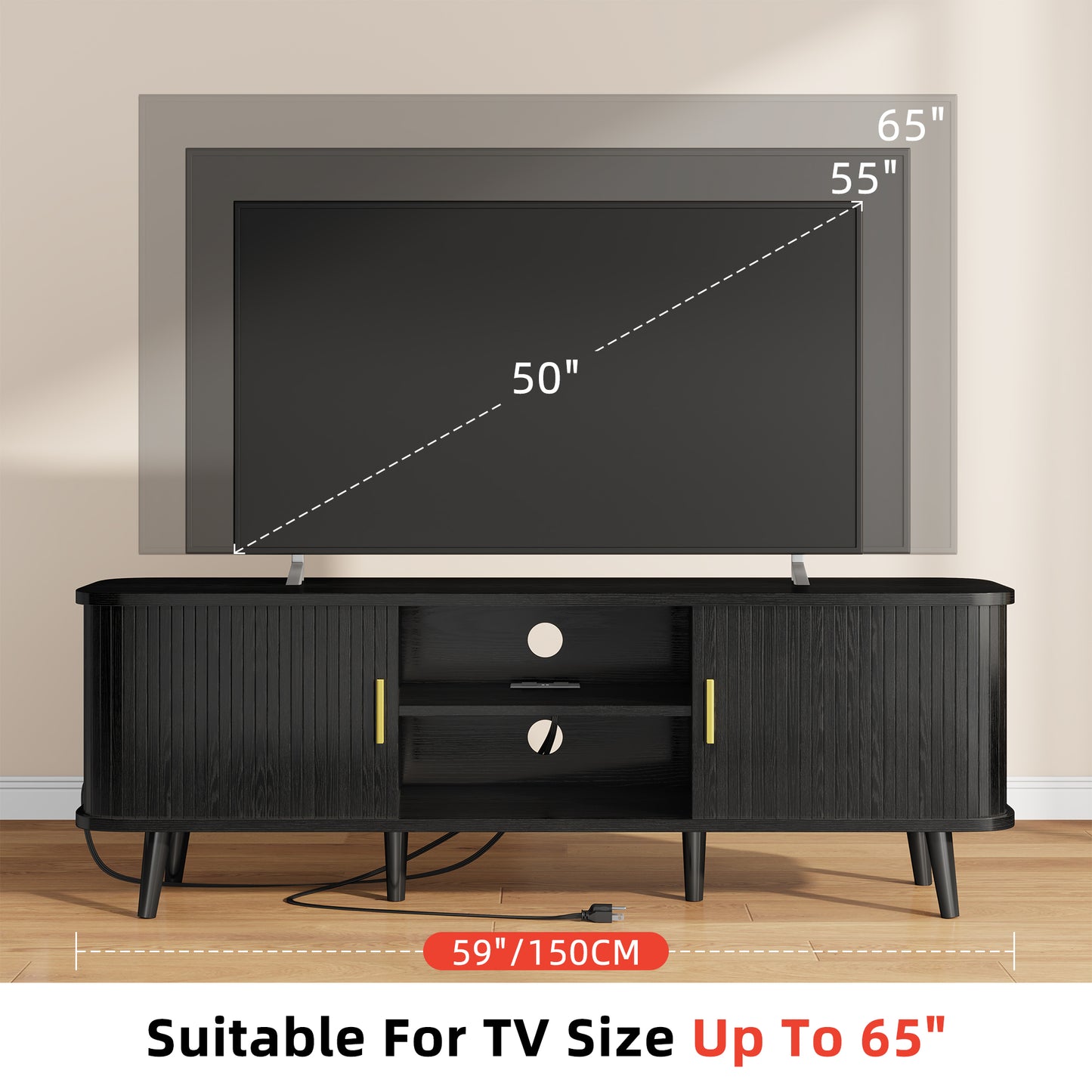 LainTene 65 Inch TV Stand with Sliding Doors – Modern Fluted Media Console for Living Room, Power Outlets (2 USB + 2 AC), Adjustable Shelves, Black Entertainment Center