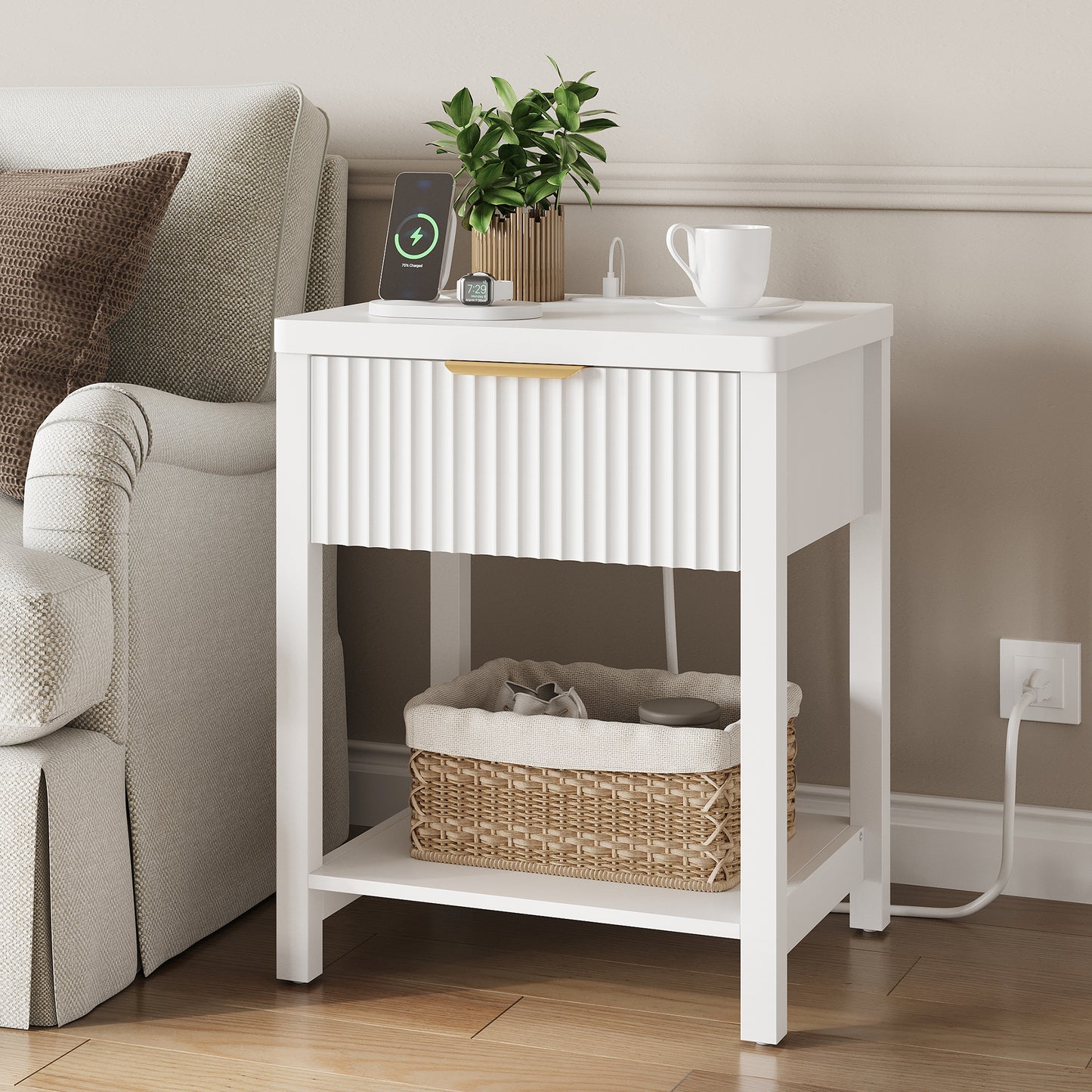 Laintene Fluted Nightstand Set of 2 - Modern Bedside Table with Drawer & Open Shelf, 2 AC Outlets + USB &Type-C for Bedroom & Living Room, White