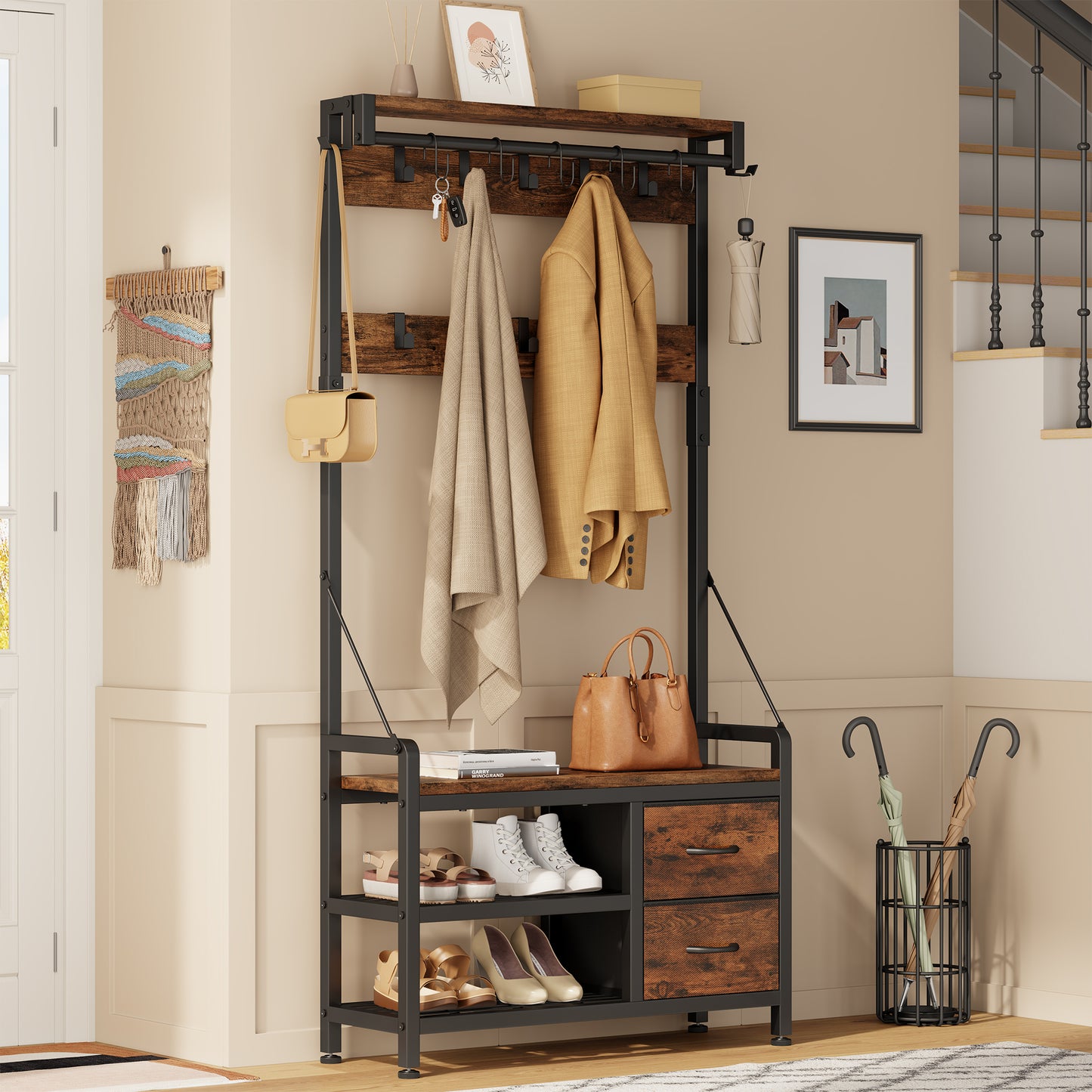 Laintene Hall Tree with Bench - 6-in-1 Industrial 31.5" Entryway Organizer, 17 Adjustable Hooks & 2 Drawers, Hanging Rod & Top Shelf, 300lb Weight Capacity for Hallway and Living Room, Rustic Brown