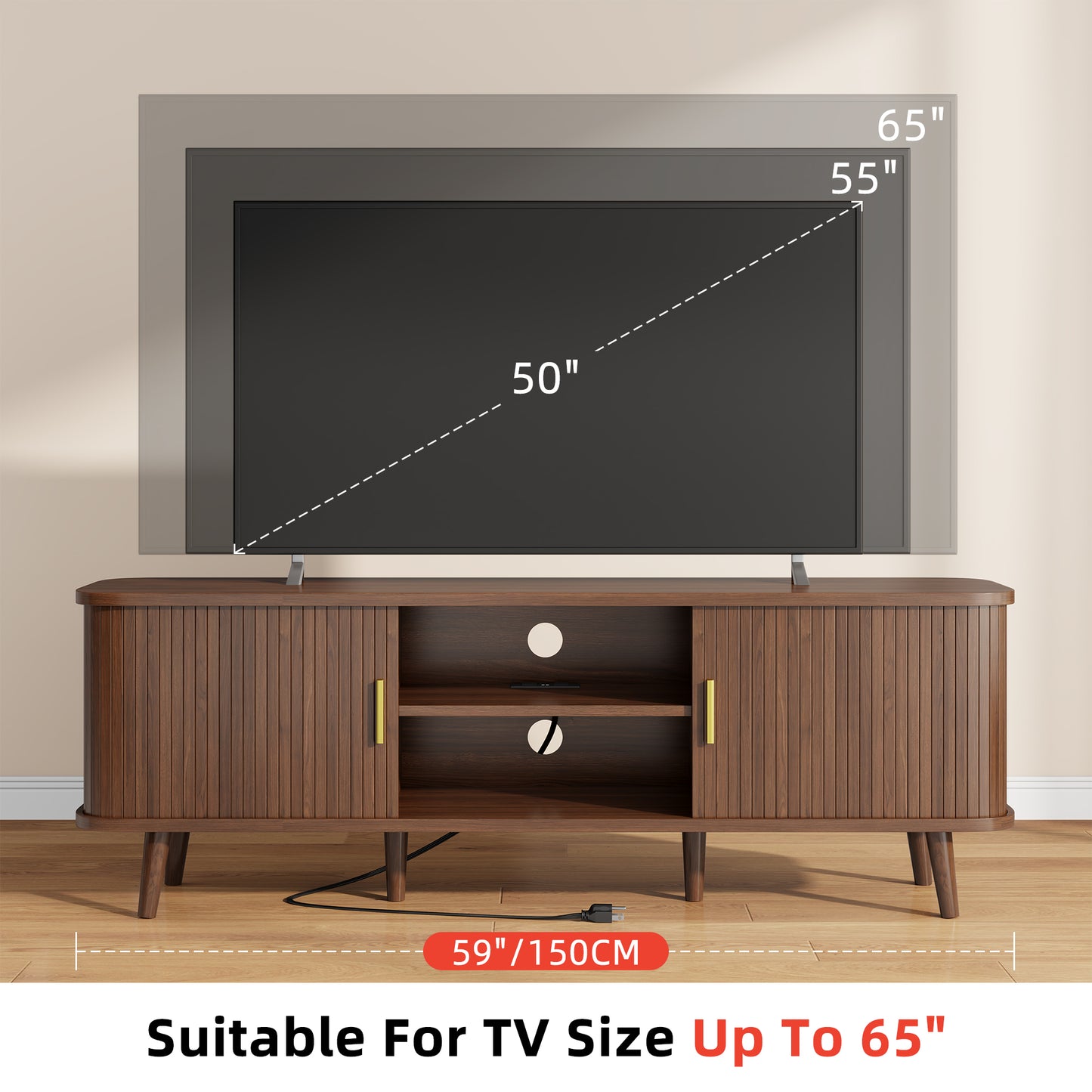 LainTene 65 Inch TV Stand with Sliding Doors – Modern Fluted Media Console for Living Room, Power Outlets (2 USB + 2 AC), Adjustable Shelves, Walnut Entertainment Center