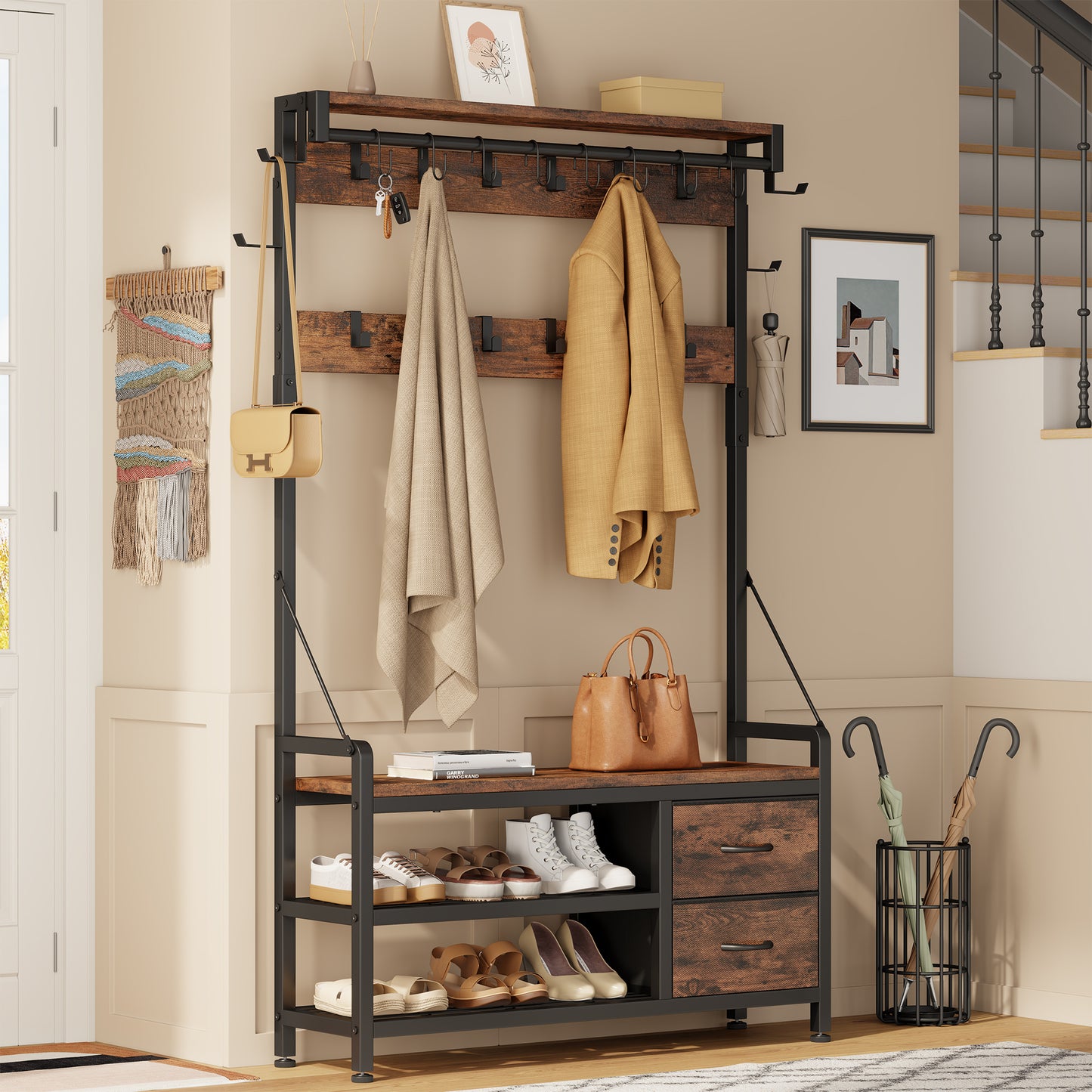 Laintene Hall Tree with Bench - 6-in-1 Wider 39.4" Entryway Organizer, 24 Adjustable Hooks & 2 Drawers, Hanging Rod & Top Shelf, 300lb Weight Capacity for Hallway and Living Room, Rustic Brown